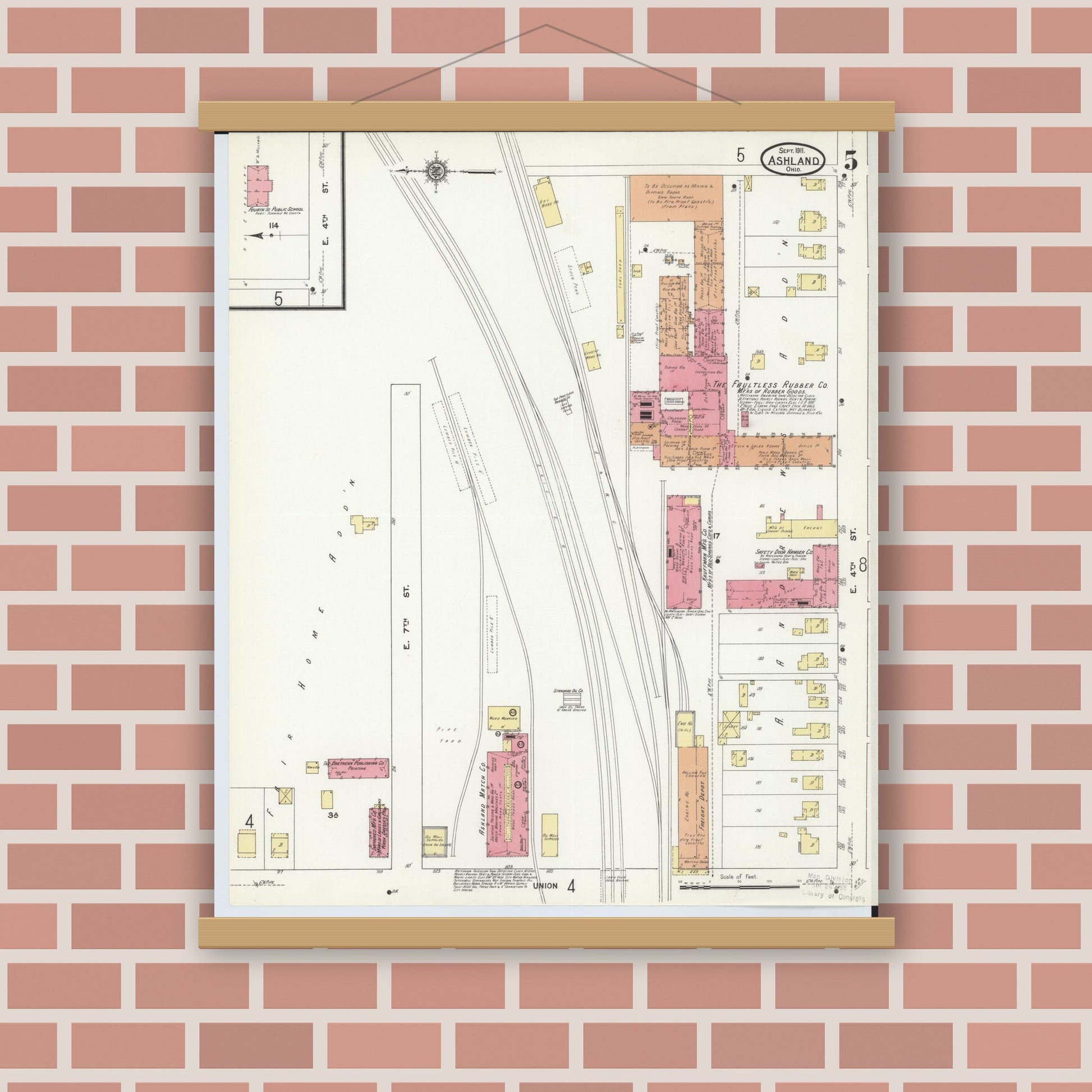 Old map wall art mockup — magnetic wood frame on brick wall — Sanborn Fire Insurance Map from Ashland, Ashland County, Ohio (1911), Sheet #0005
