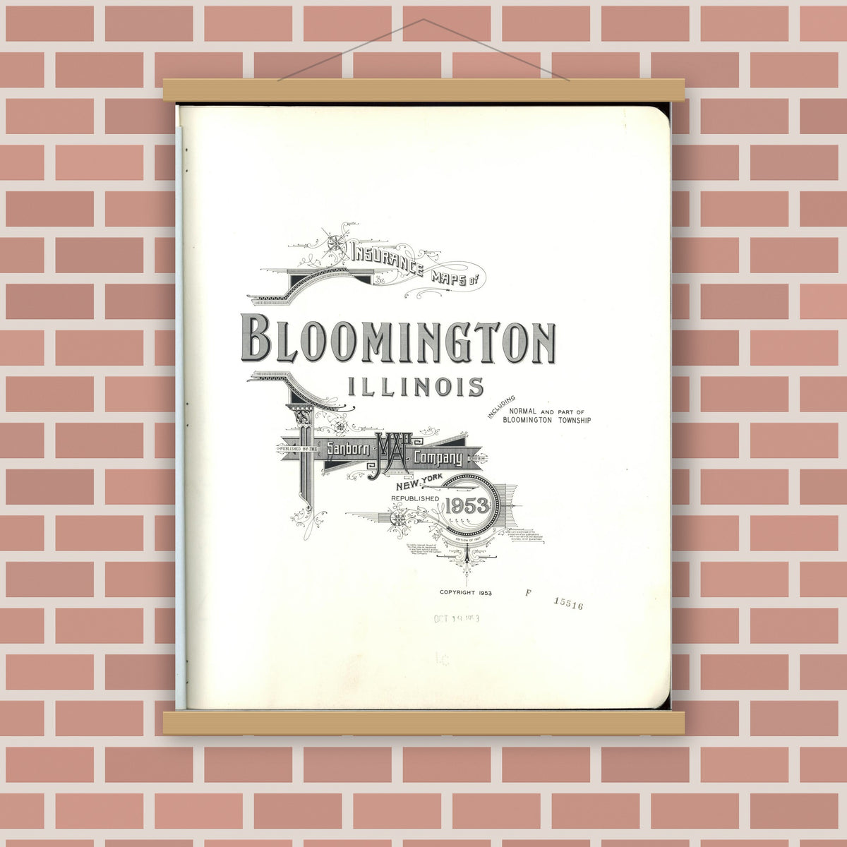Old map wall art mockup — magnetic wood frame on brick wall — Sanborn Fire Insurance Map from Bloomington, McLean County, Illinois (1953), Sheet #0001
