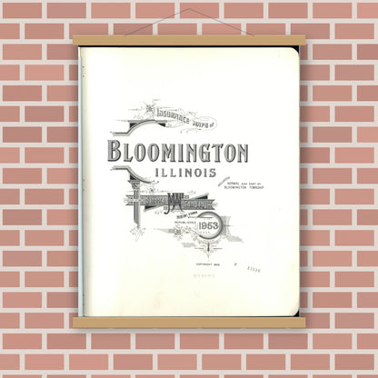 Old map wall art mockup — magnetic wood frame on brick wall — Sanborn Fire Insurance Map from Bloomington, McLean County, Illinois (1953), Sheet #0001