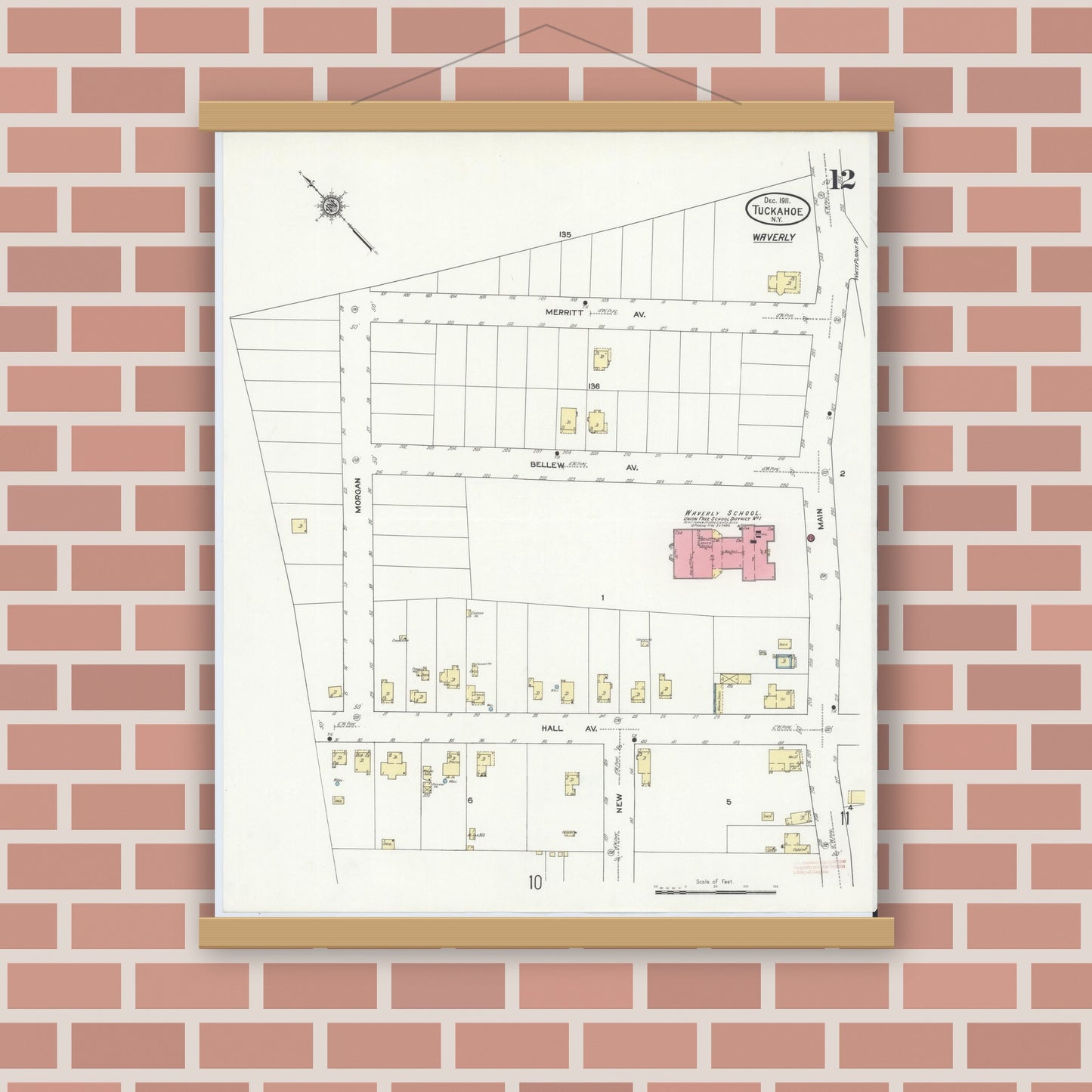 Old map wall art mockup — magnetic wood frame on brick wall — Sanborn Fire Insurance Map from Tuckahoe, Westchester County, New York (1911), Sheet #0012