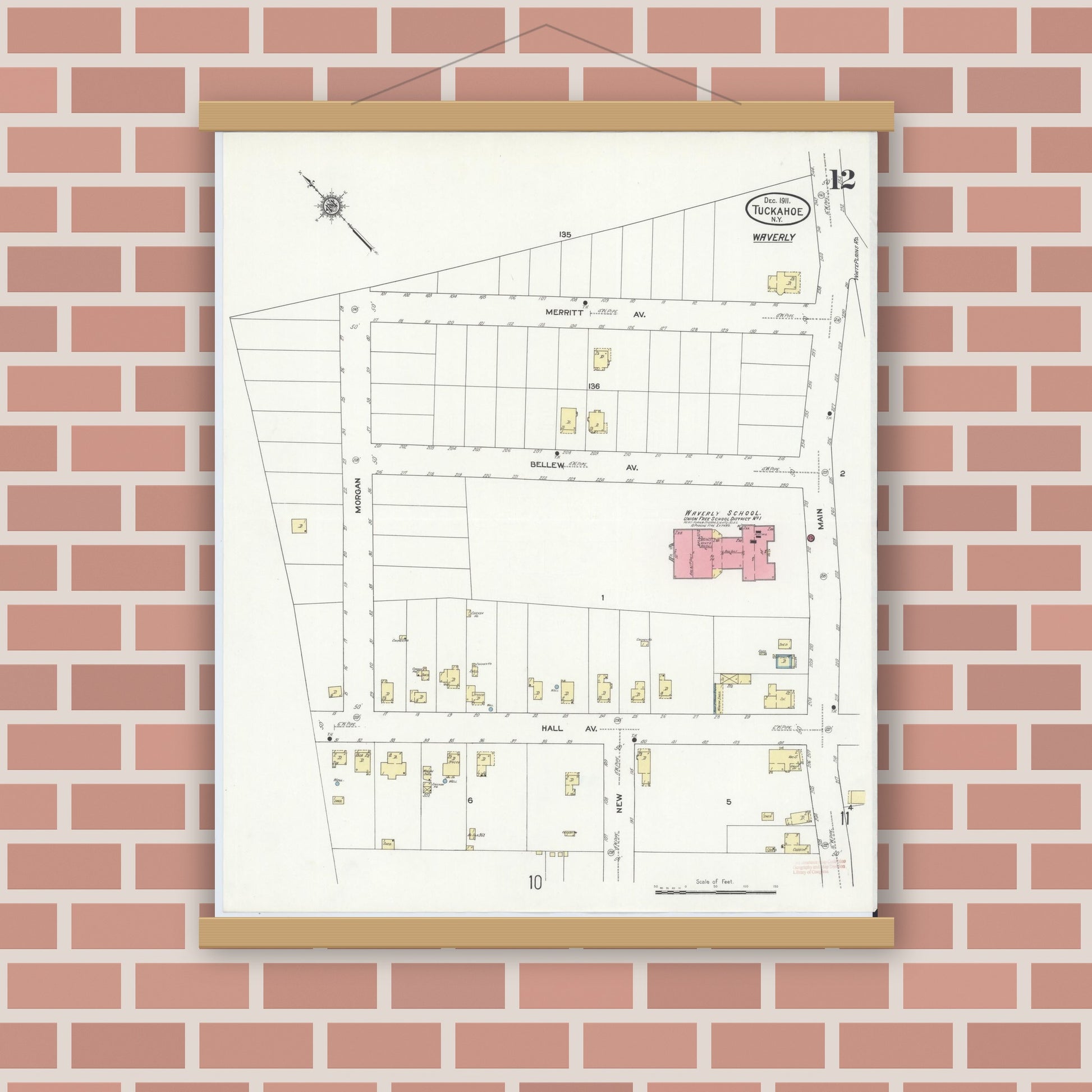 Old map wall art mockup — magnetic wood frame on brick wall — Sanborn Fire Insurance Map from Tuckahoe, Westchester County, New York (1911), Sheet #0012
