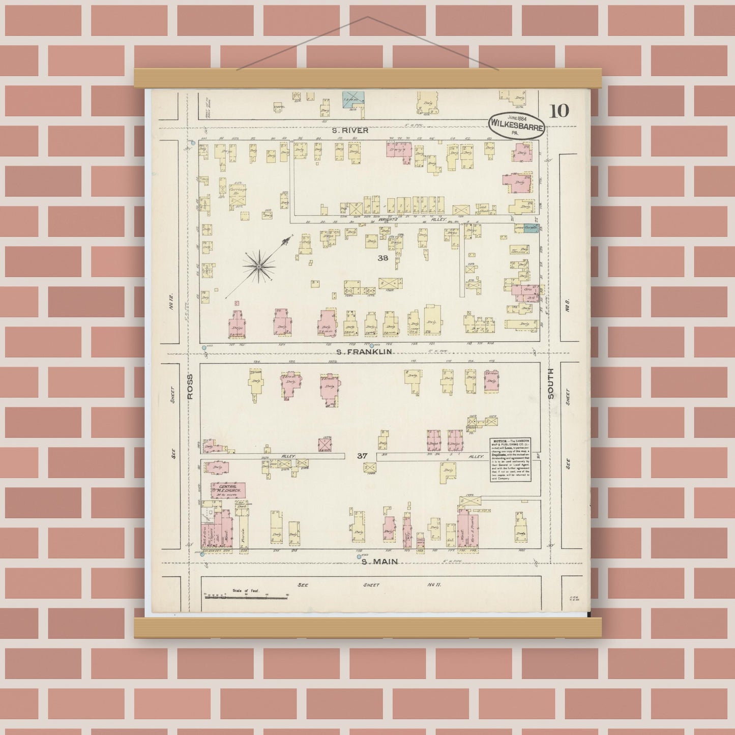 Old map wall art mockup — magnetic wood frame on brick wall — Sanborn Fire Insurance Map from Wilkes Barre, Luzerne County, Pennsylvania (1884), Sheet #0010