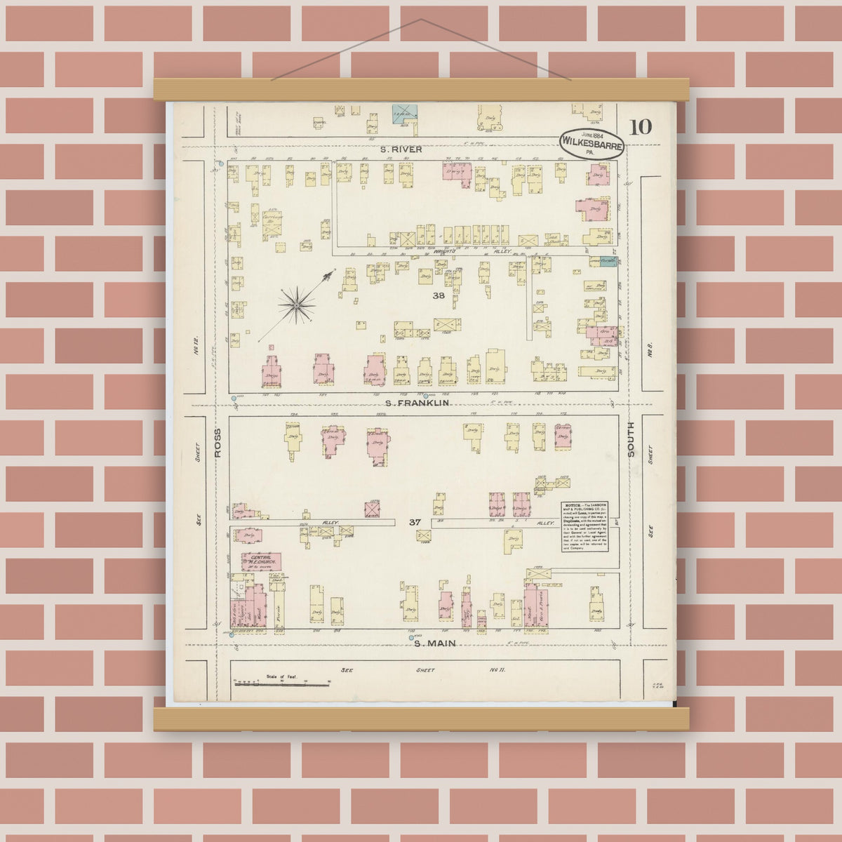 Old map wall art mockup — magnetic wood frame on brick wall — Sanborn Fire Insurance Map from Wilkes Barre, Luzerne County, Pennsylvania (1884), Sheet #0010