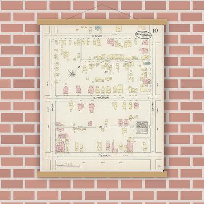 Old map wall art mockup — magnetic wood frame on brick wall — Sanborn Fire Insurance Map from Wilkes Barre, Luzerne County, Pennsylvania (1884), Sheet #0010