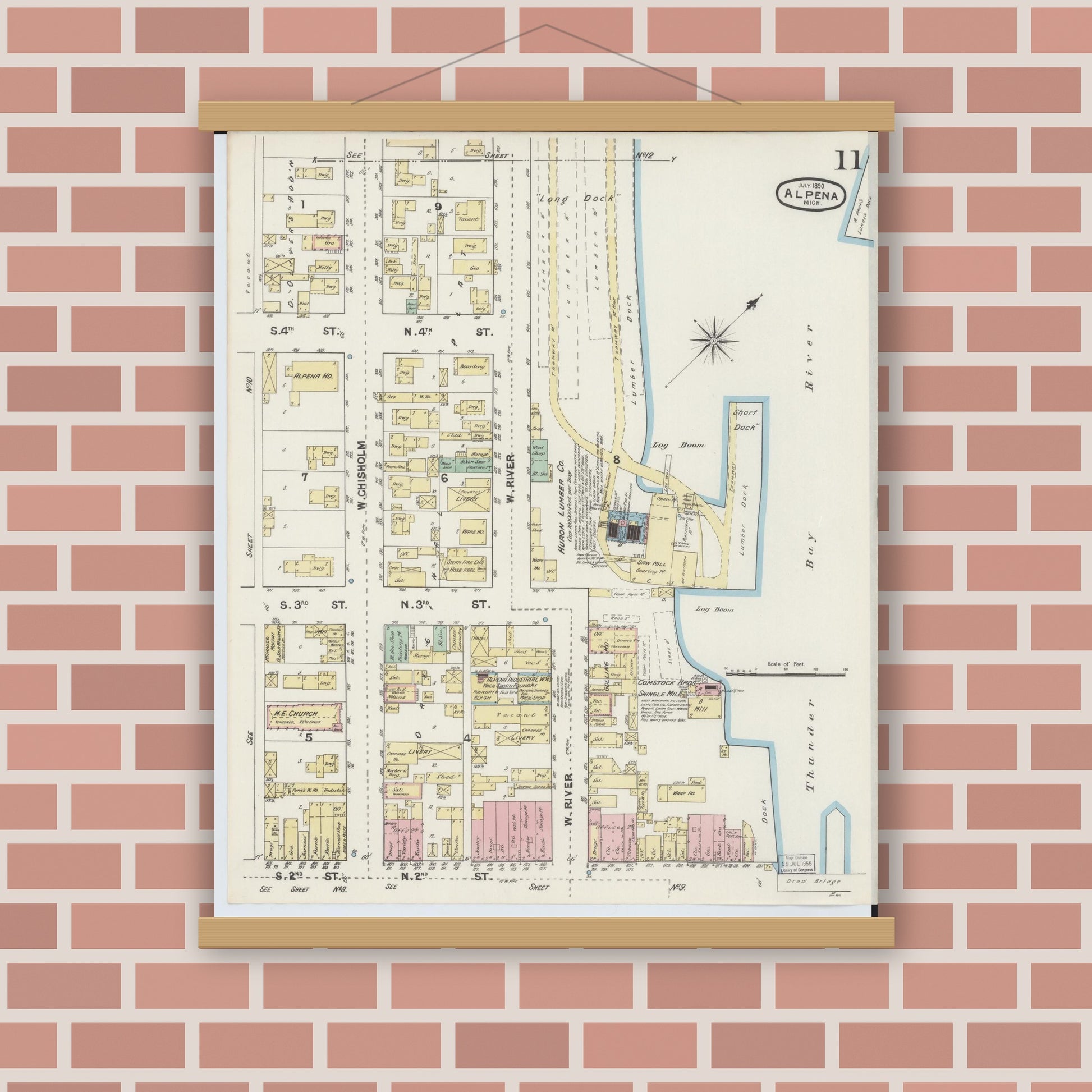 Old map wall art mockup — magnetic wood frame on brick wall — Sanborn Fire Insurance Map from Alpena, Alpena County, Michigan (1890), Sheet #0011