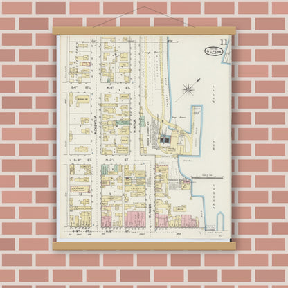 Old map wall art mockup — magnetic wood frame on brick wall — Sanborn Fire Insurance Map from Alpena, Alpena County, Michigan (1890), Sheet #0011