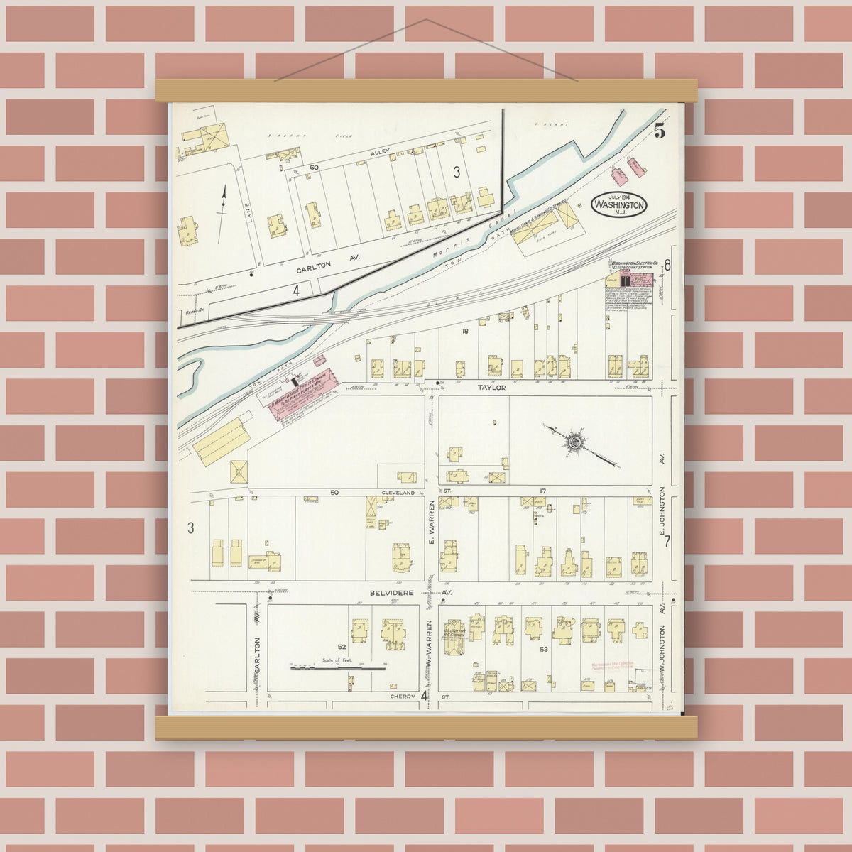 Old map wall art mockup — magnetic wood frame on brick wall — Sanborn Fire Insurance Map from Washington, Warren County, New Jersey (1914), Sheet #0005