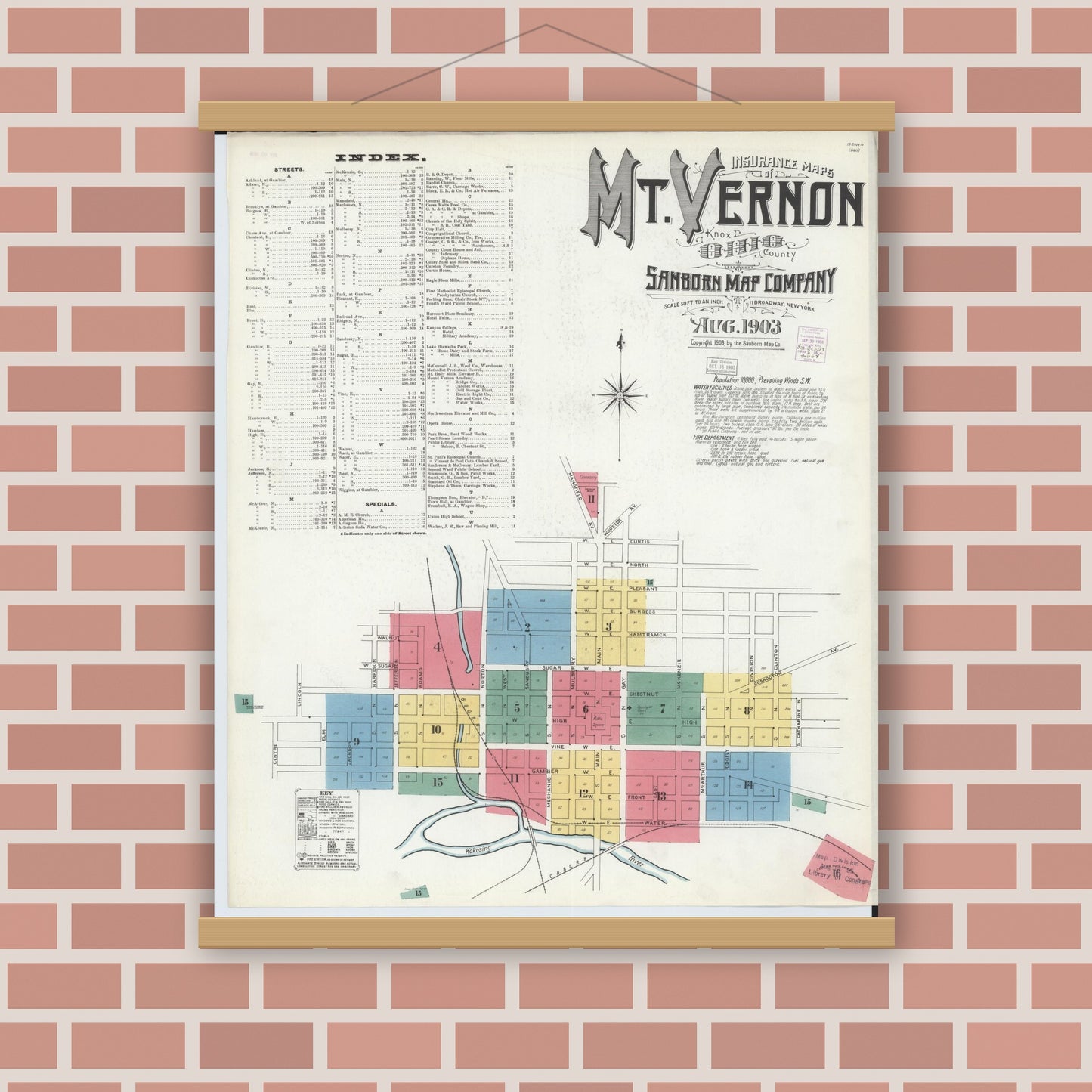 Old map wall art mockup — magnetic wood frame on brick wall — Sanborn Fire Insurance Map from Mount Vernon, Knox County, Ohio (1903), Sheet #0001