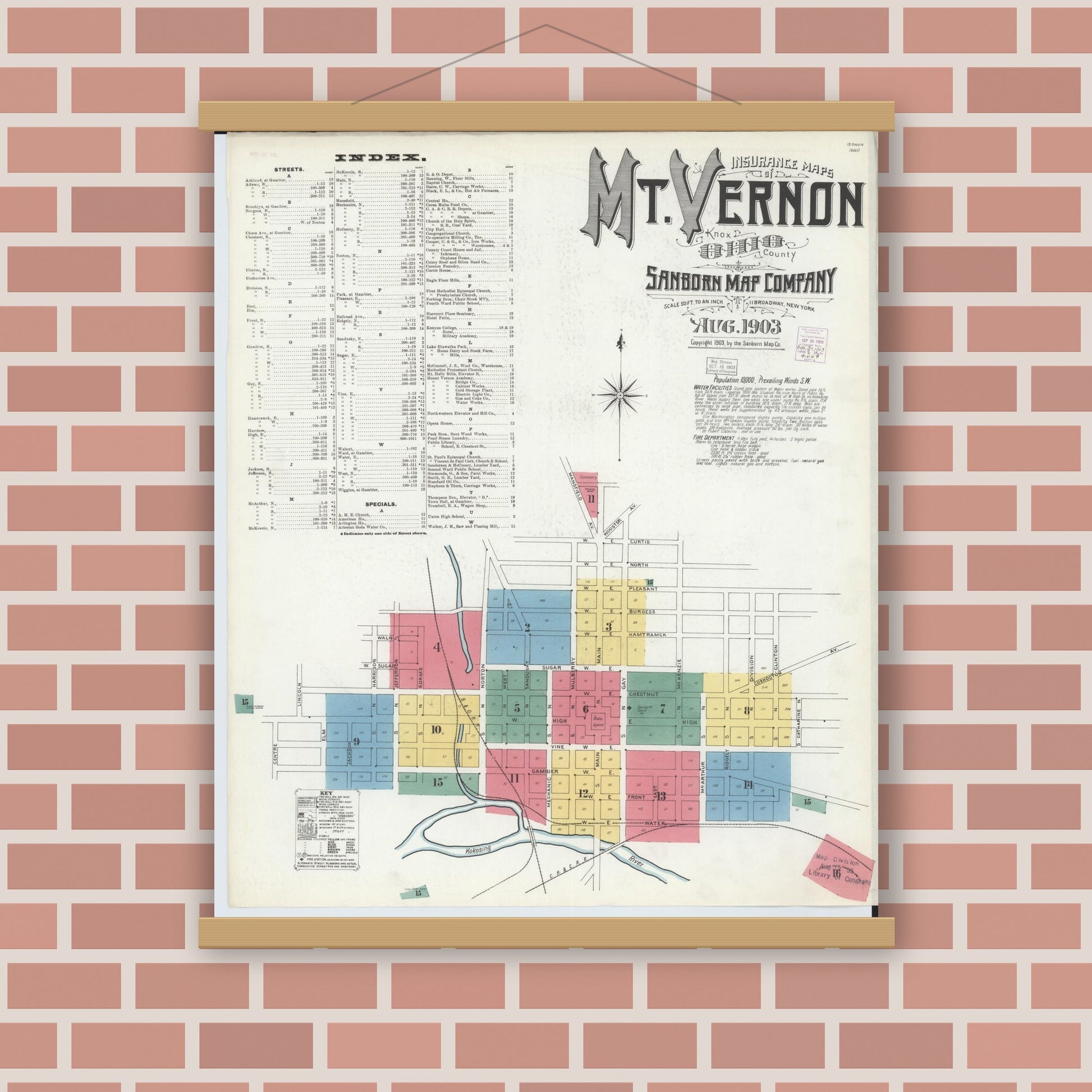 Old map wall art mockup — magnetic wood frame on brick wall — Sanborn Fire Insurance Map from Mount Vernon, Knox County, Ohio (1903), Sheet #0001