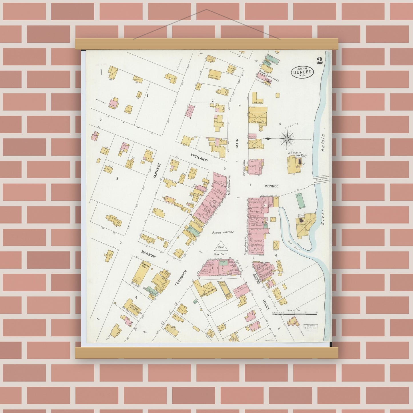 Old map wall art mockup — magnetic wood frame on brick wall — Sanborn Fire Insurance Map from Dundee, Monroe County, Michigan (1899), Sheet #0002