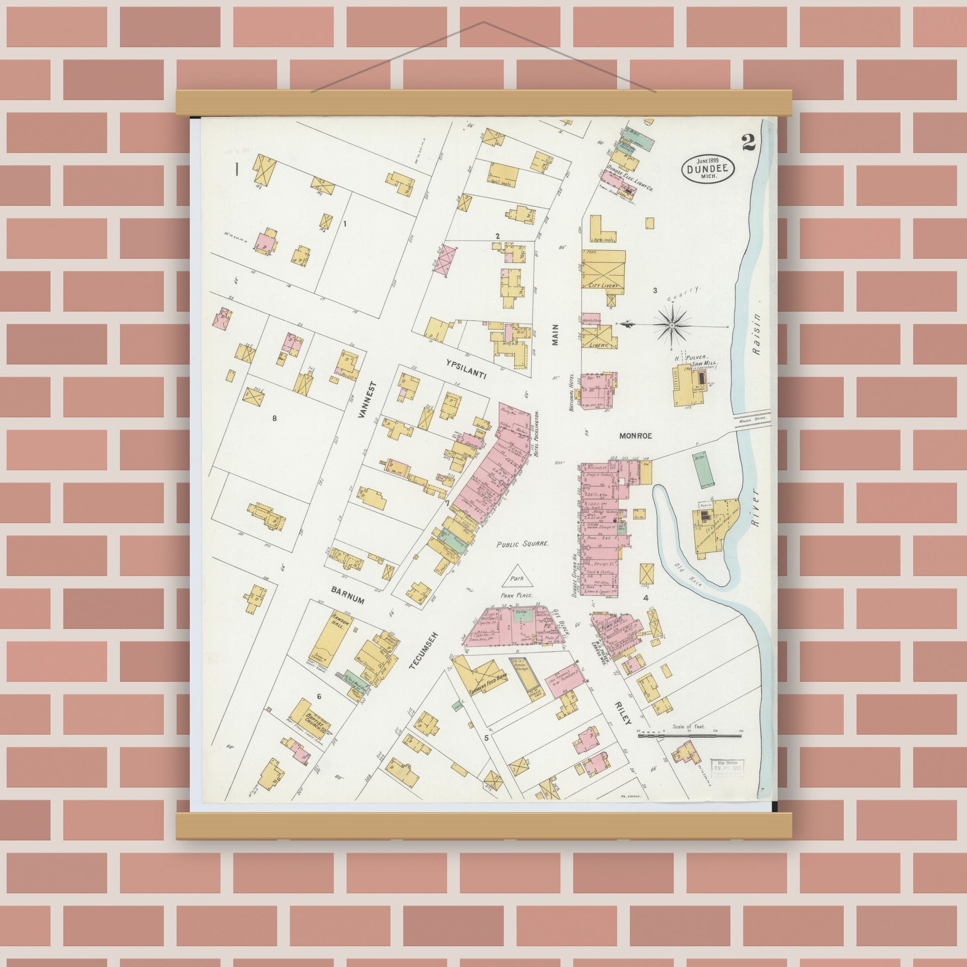 Old map wall art mockup — magnetic wood frame on brick wall — Sanborn Fire Insurance Map from Dundee, Monroe County, Michigan (1899), Sheet #0002