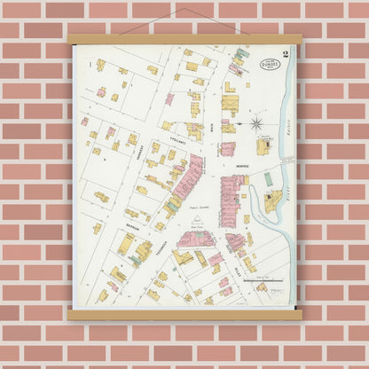 Old map wall art mockup — magnetic wood frame on brick wall — Sanborn Fire Insurance Map from Dundee, Monroe County, Michigan (1899), Sheet #0002