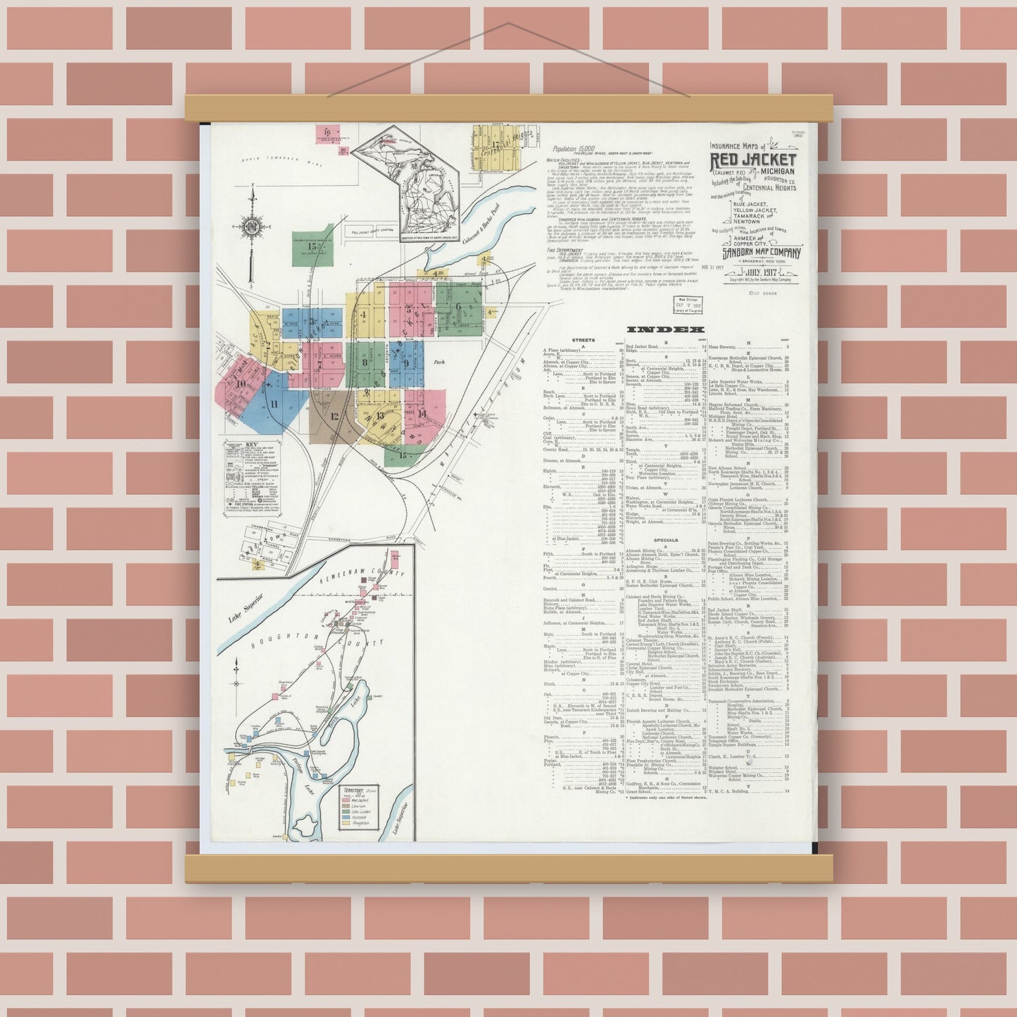 Old map wall art mockup — magnetic wood frame on brick wall — Sanborn Fire Insurance Map from Red Jacket, Houghton County, Michigan (1917) - Complete Map Set