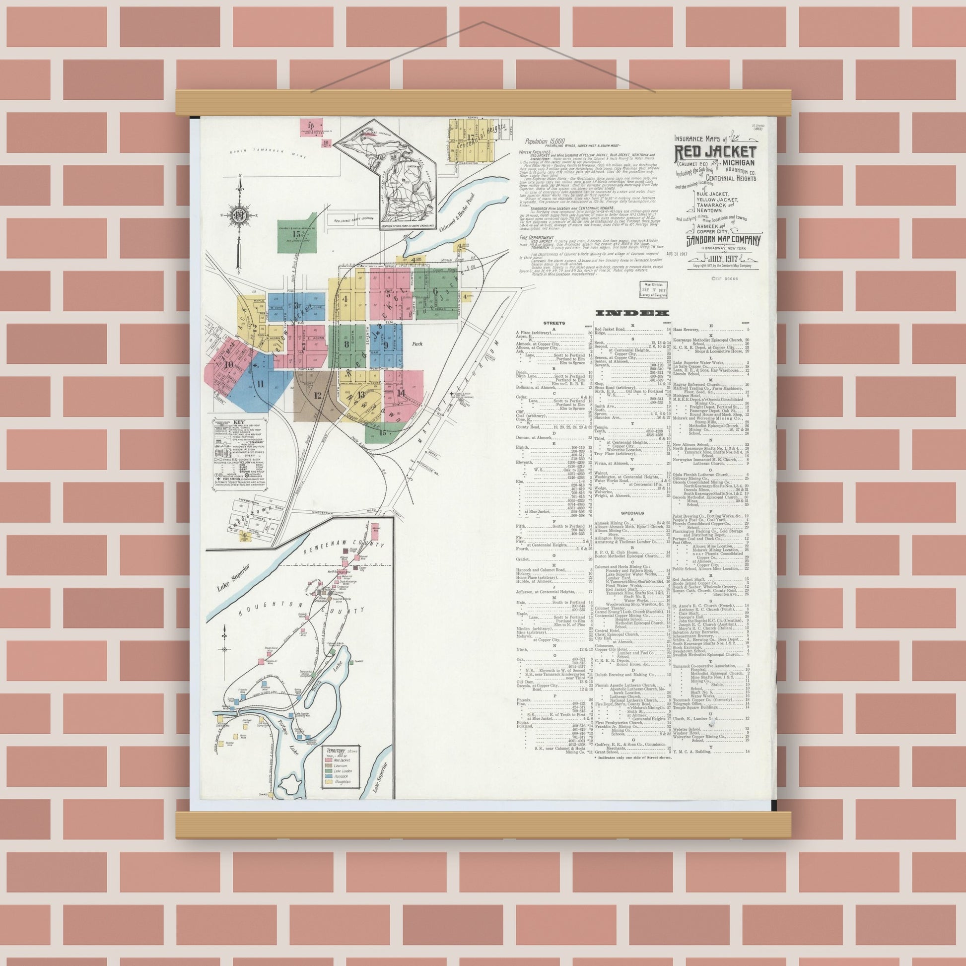 Old map wall art mockup — magnetic wood frame on brick wall — Sanborn Fire Insurance Map from Red Jacket, Houghton County, Michigan (1917) - Complete Map Set
