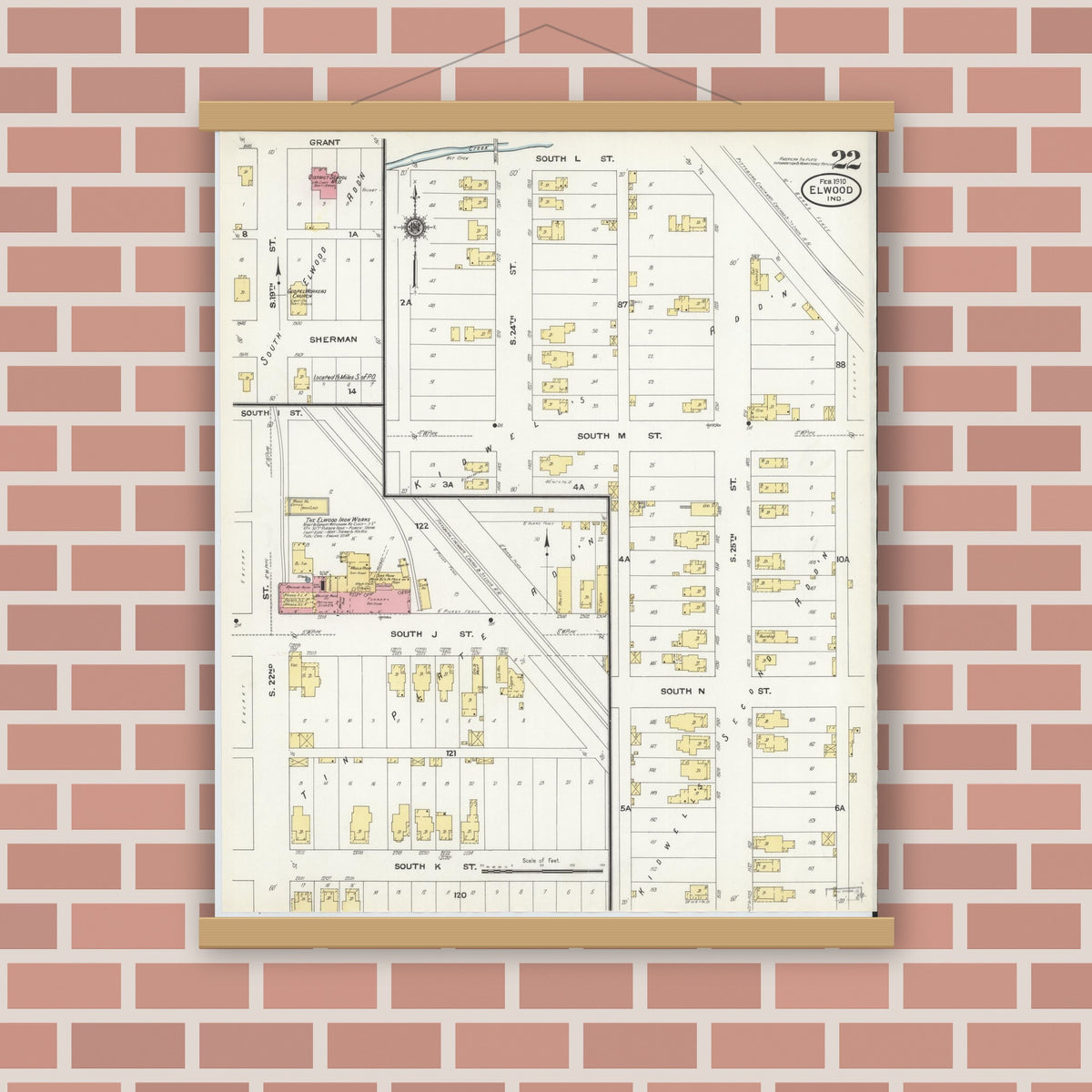 Old map wall art mockup — magnetic wood frame on brick wall — Sanborn Fire Insurance Map from Elwood, Madison County, Indiana (1910), Sheet #0022