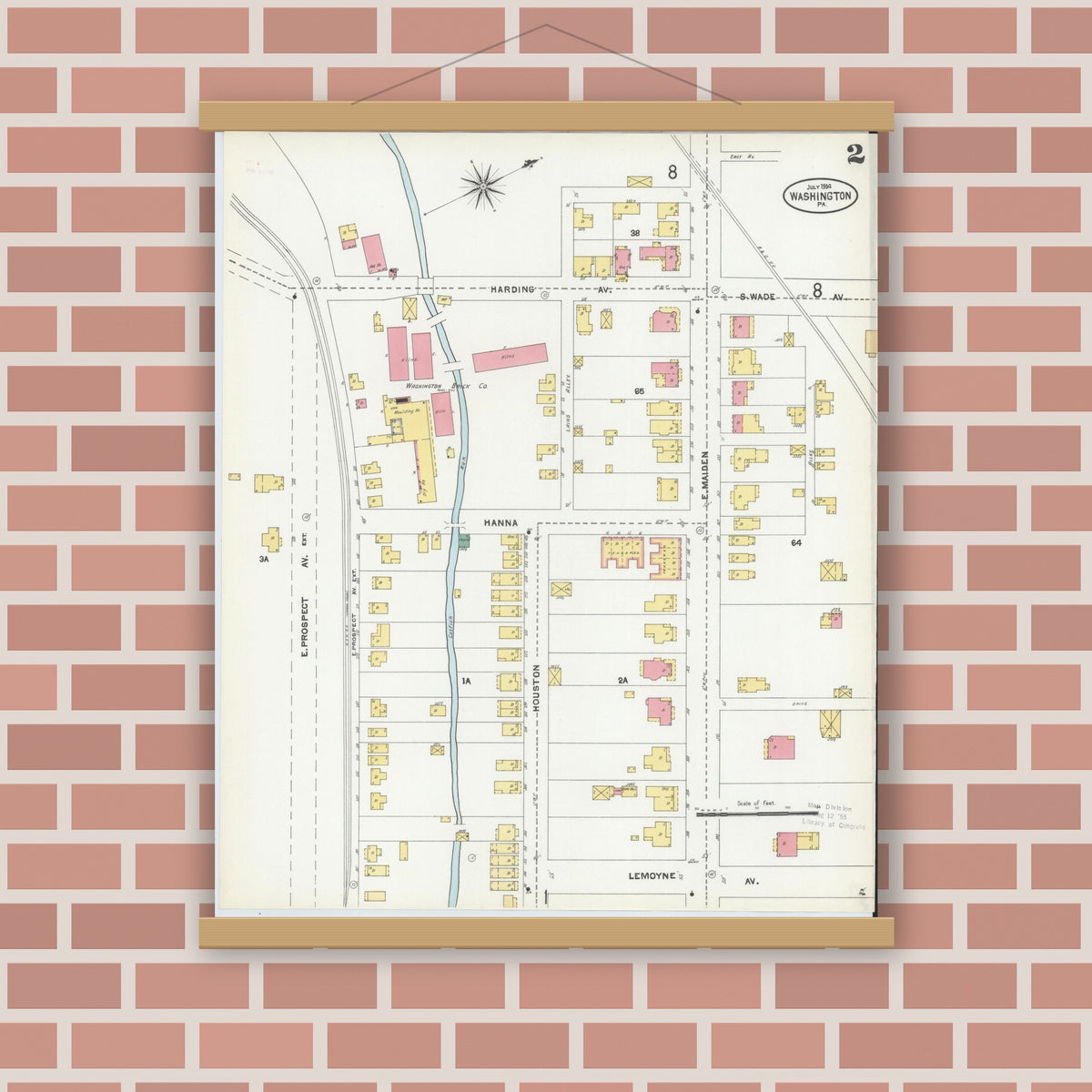 Old map wall art mockup — magnetic wood frame on brick wall — Sanborn Fire Insurance Map from Washington, Washington County, Pennsylvania (1904), Sheet #0002