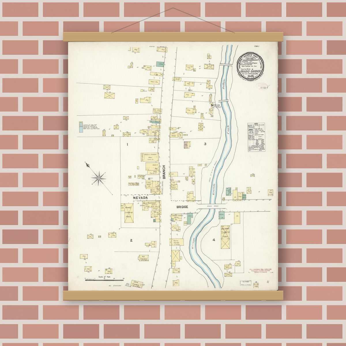 Old map wall art mockup — magnetic wood frame on brick wall — Sanborn Fire Insurance Map from Arroyo Grande, San Luis Obispo County, California (1890), Sheet #0001