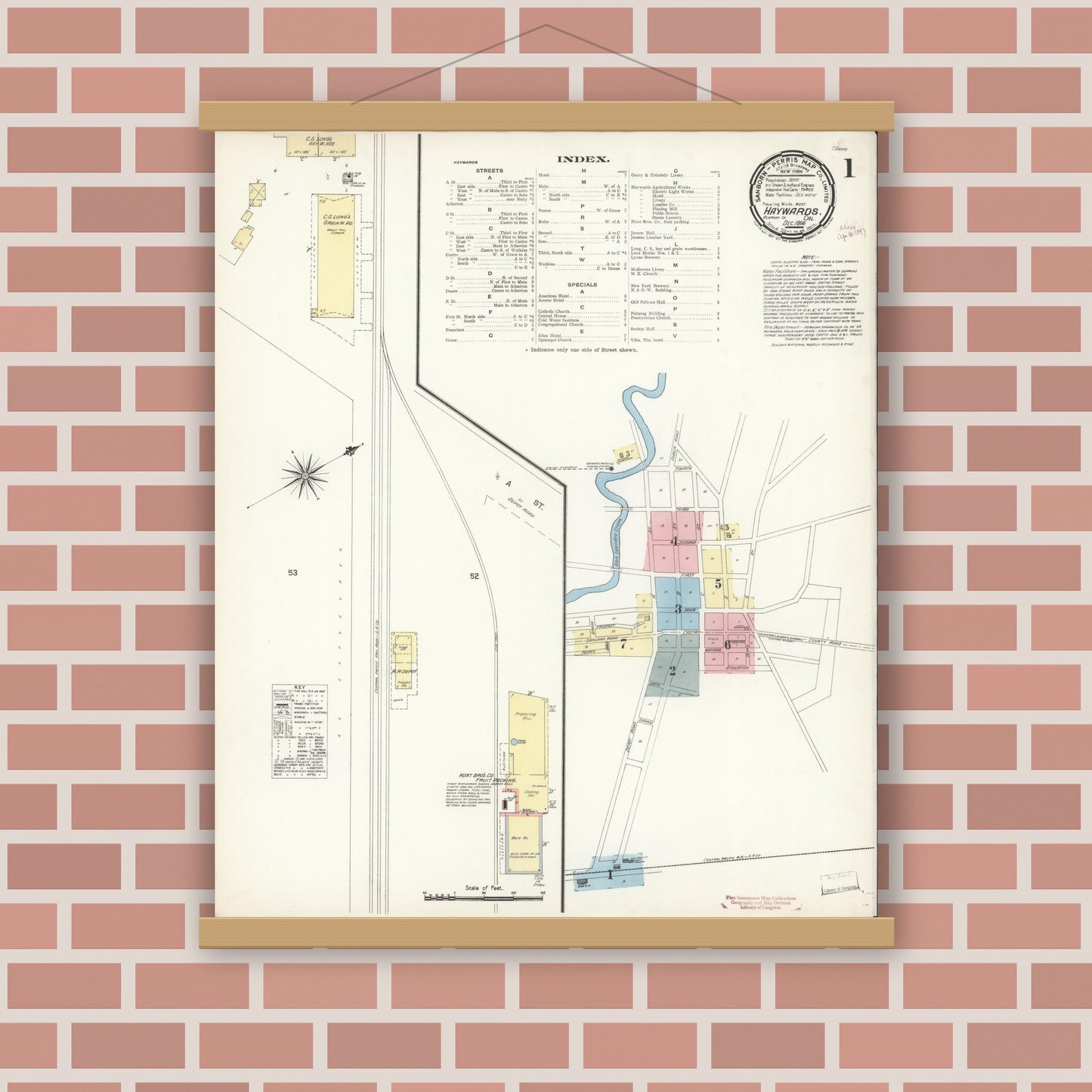 Old map wall art mockup — magnetic wood frame on brick wall — Sanborn Fire Insurance Map from Hayward, Alameda County, California (1896) - Complete Map Set