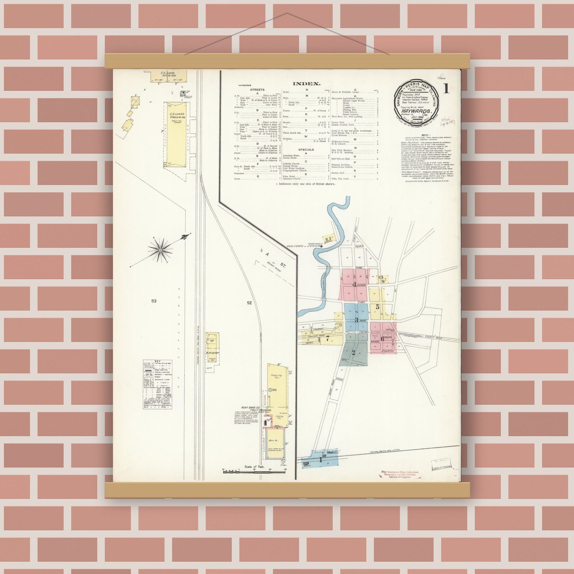 Old map wall art mockup — magnetic wood frame on brick wall — Sanborn Fire Insurance Map from Hayward, Alameda County, California (1896) - Complete Map Set