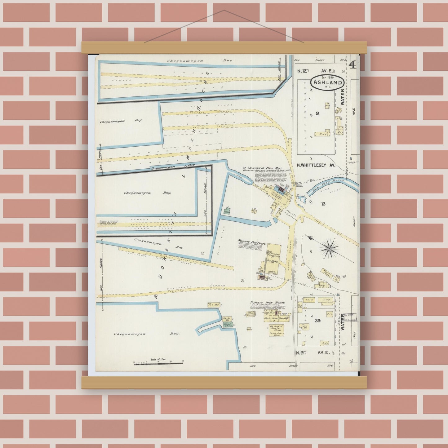 Old map wall art mockup — magnetic wood frame on brick wall — Sanborn Fire Insurance Map from Ashland, Ashland County, Wisconsin (1890), Sheet #0004