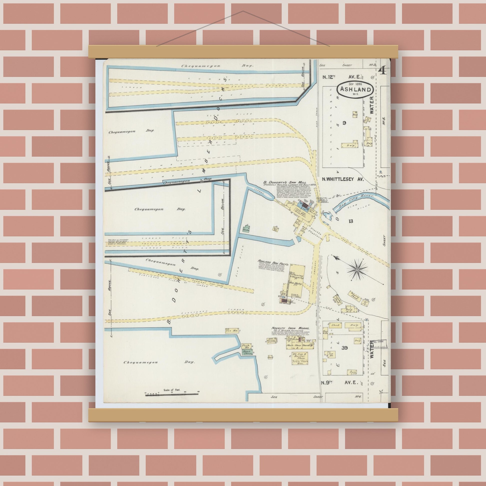 Old map wall art mockup — magnetic wood frame on brick wall — Sanborn Fire Insurance Map from Ashland, Ashland County, Wisconsin (1890), Sheet #0004