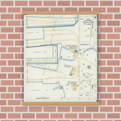 Old map wall art mockup — magnetic wood frame on brick wall — Sanborn Fire Insurance Map from Ashland, Ashland County, Wisconsin (1890), Sheet #0004
