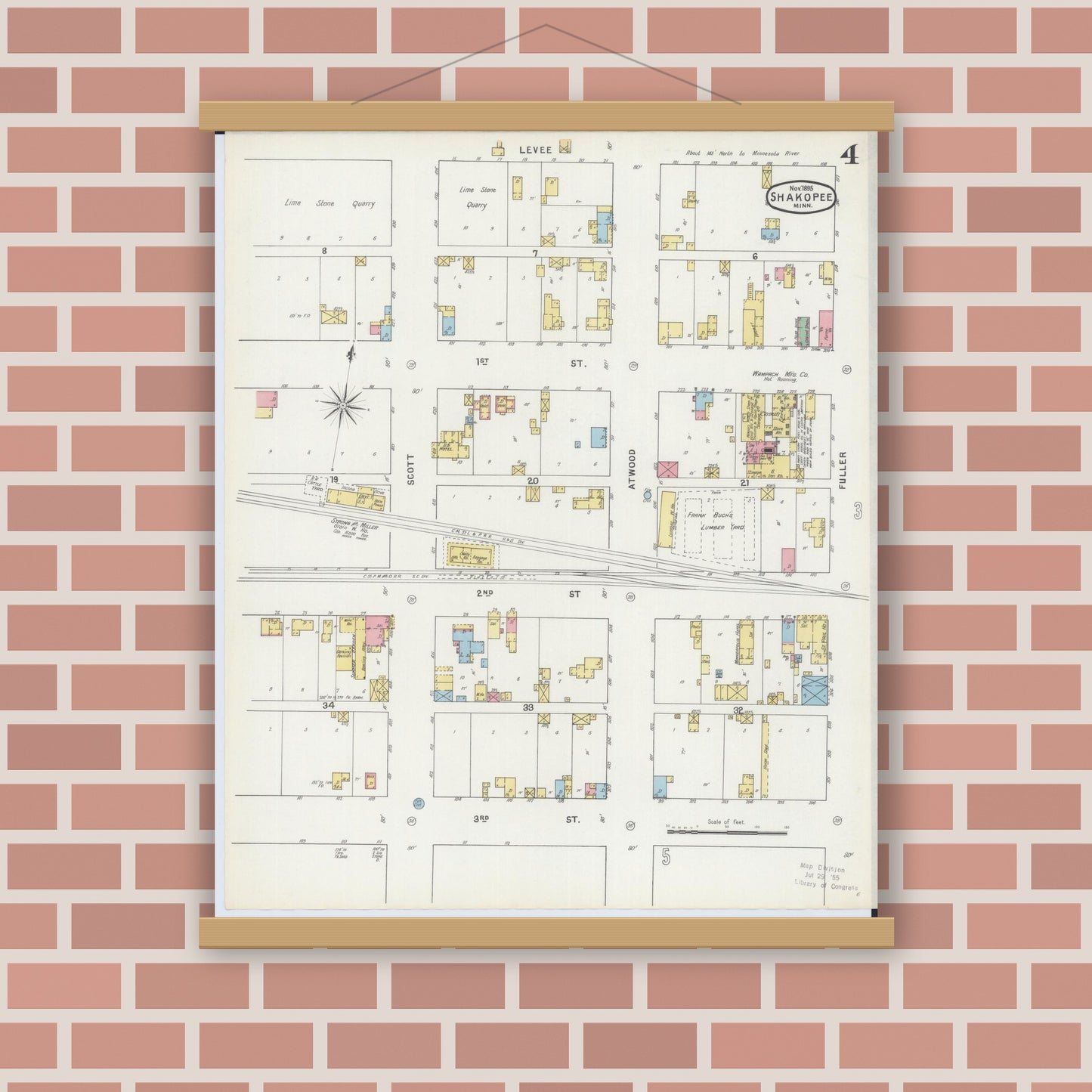 Old map wall art mockup — magnetic wood frame on brick wall — Sanborn Fire Insurance Map from Shakopee, Scott County, Minnesota (1895), Sheet #0004