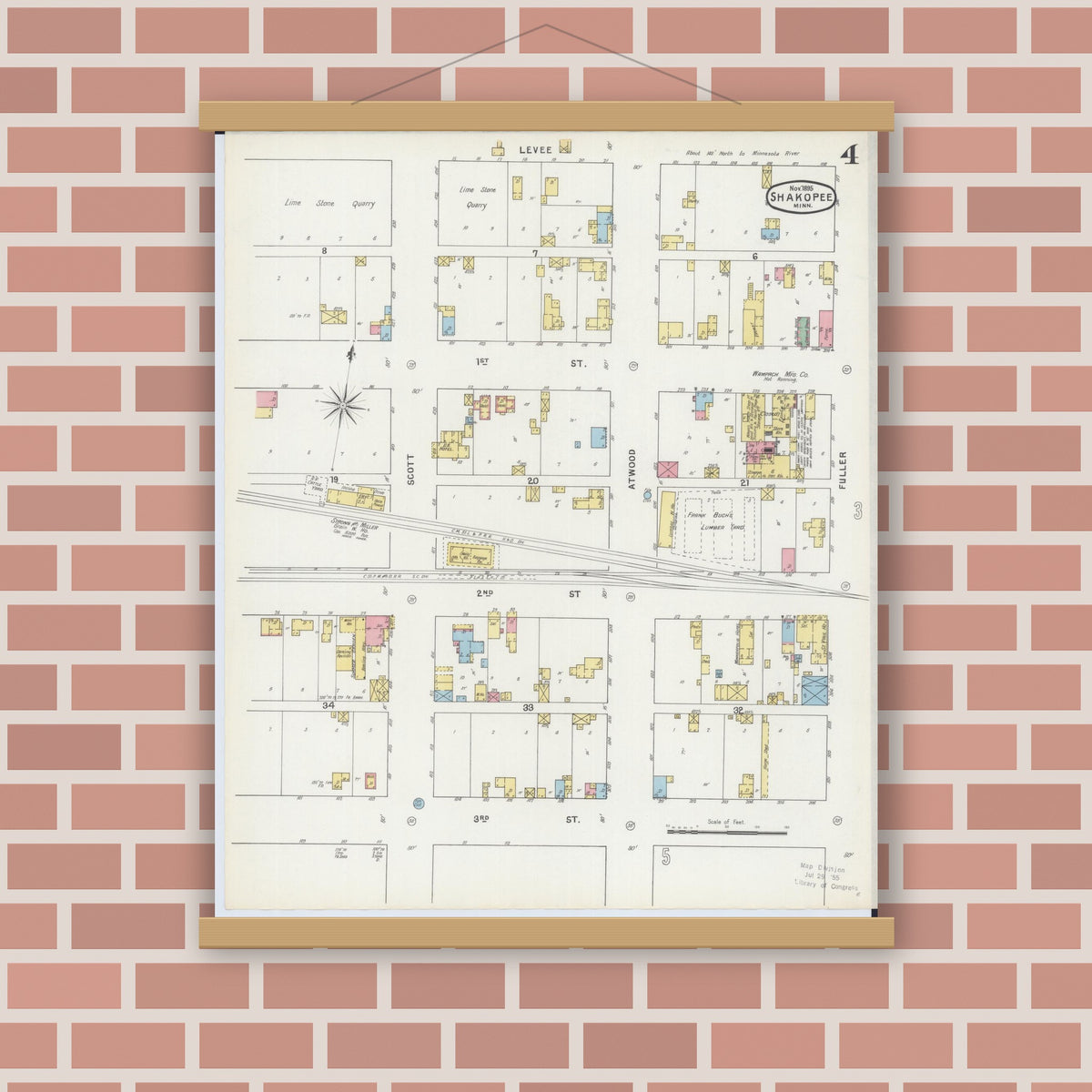 Old map wall art mockup — magnetic wood frame on brick wall — Sanborn Fire Insurance Map from Shakopee, Scott County, Minnesota (1895), Sheet #0004