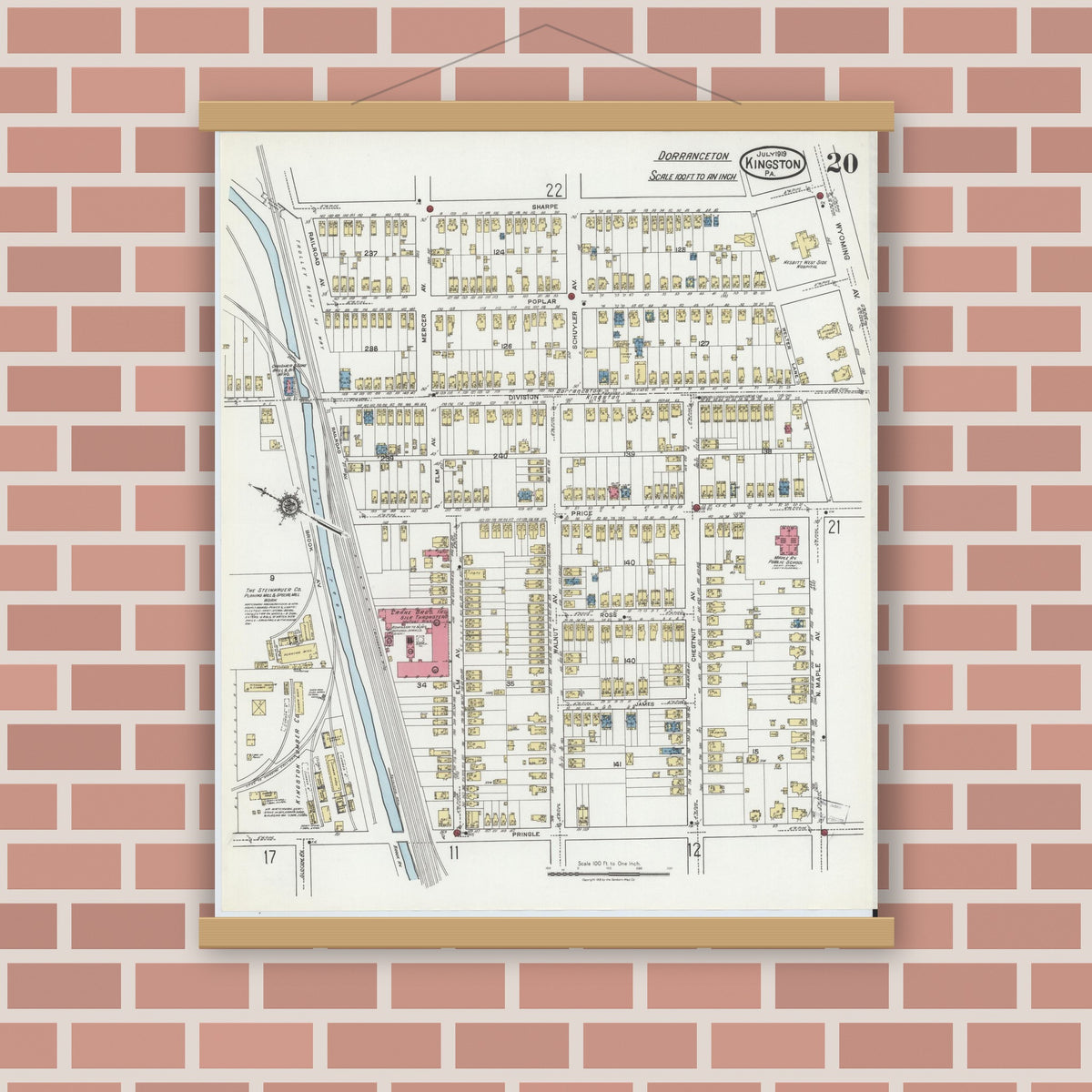 Old map wall art mockup — magnetic wood frame on brick wall — Sanborn Fire Insurance Map from Kingston, Luzerne County, Pennsylvania (1919), Sheet #0020