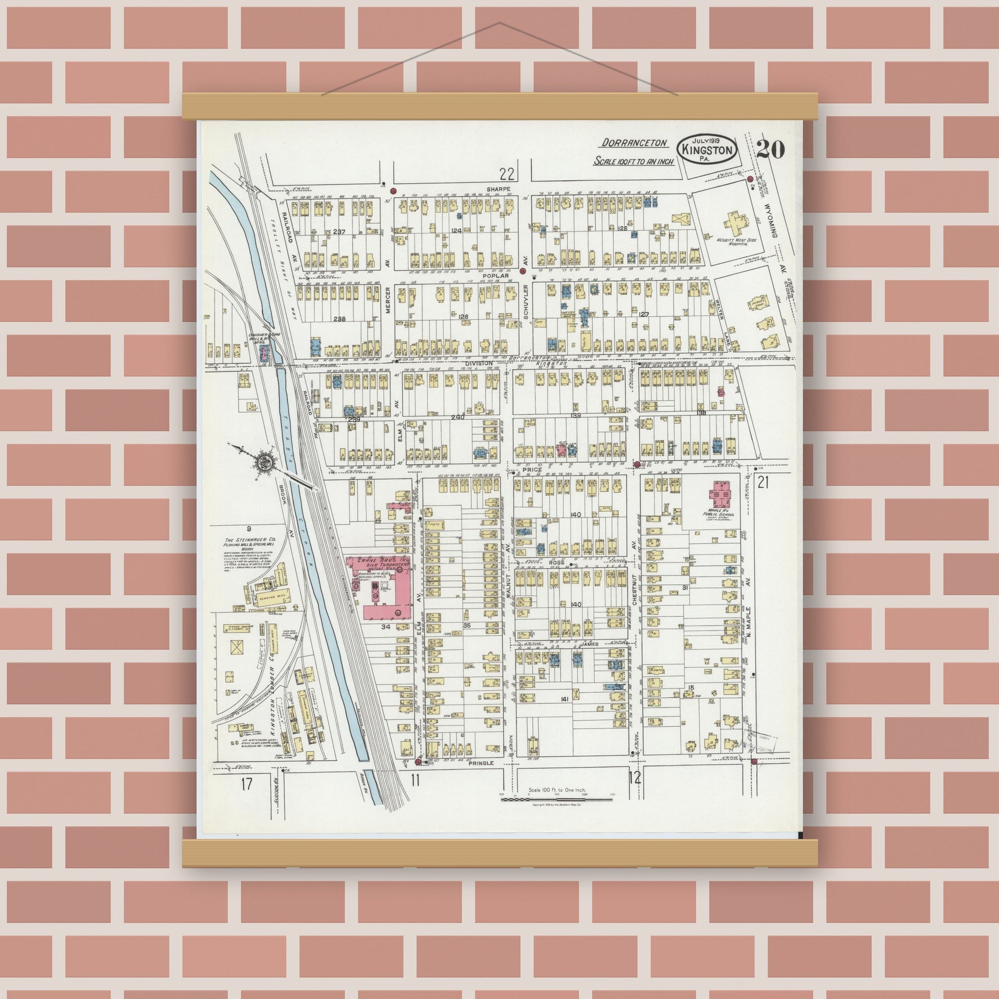 Old map wall art mockup — magnetic wood frame on brick wall — Sanborn Fire Insurance Map from Kingston, Luzerne County, Pennsylvania (1919), Sheet #0020
