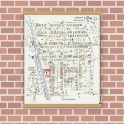 Old map wall art mockup — magnetic wood frame on brick wall — Sanborn Fire Insurance Map from Kingston, Luzerne County, Pennsylvania (1919), Sheet #0020