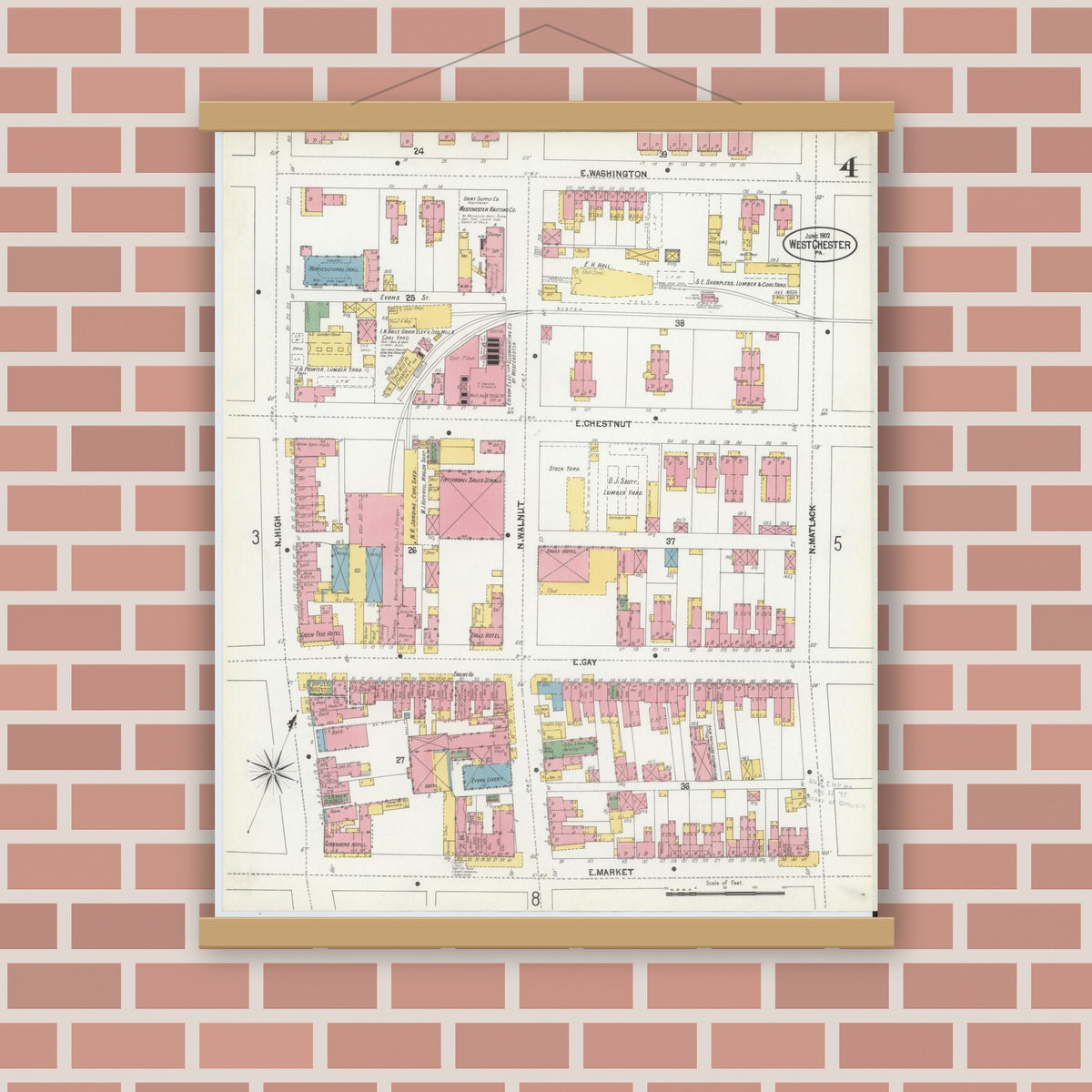 Old map wall art mockup — magnetic wood frame on brick wall — Sanborn Fire Insurance Map from West Chester, Chester County, Pennsylvania (1902), Sheet #0004