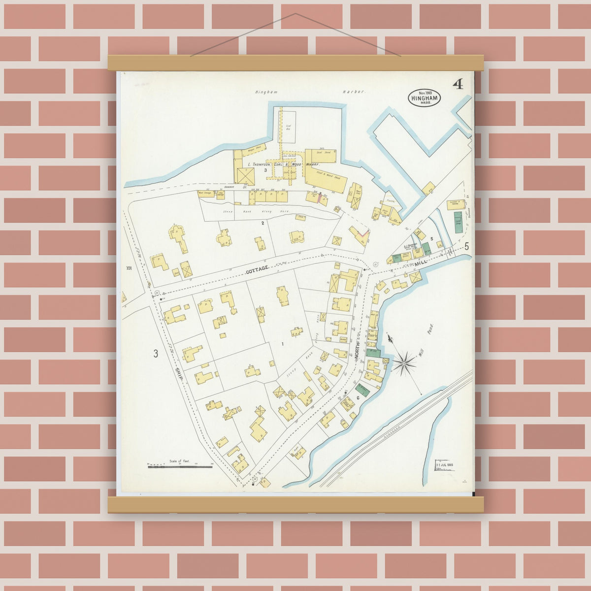 Old map wall art mockup — magnetic wood frame on brick wall — Sanborn Fire Insurance Map from Hingham, Plymouth County, Massachusetts (1903), Sheet #0004