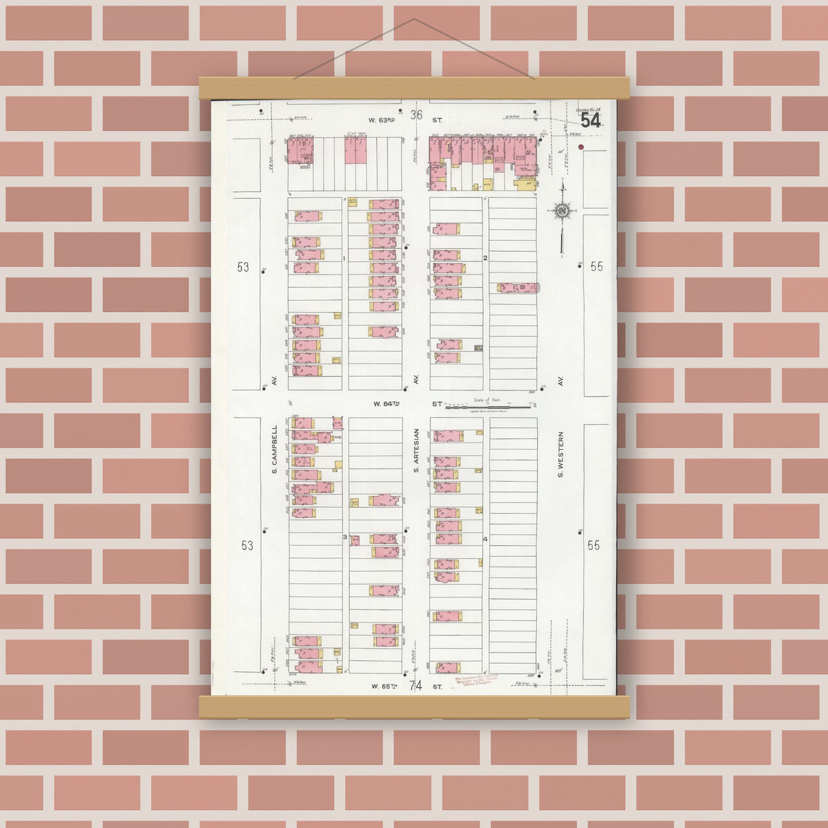 Old map wall art mockup — magnetic wood frame on brick wall — Sanborn Fire Insurance Map from Chicago, Cook County, Illinois (1920), Sheet #0054