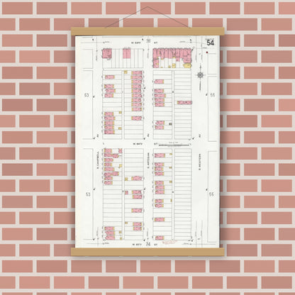 Old map wall art mockup — magnetic wood frame on brick wall — Sanborn Fire Insurance Map from Chicago, Cook County, Illinois (1920), Sheet #0054