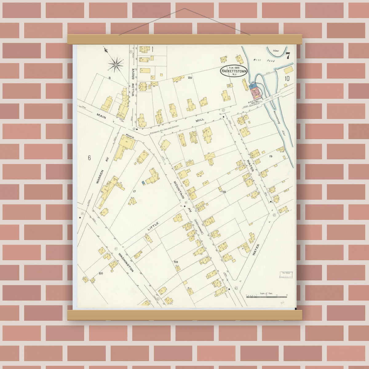 Old map wall art mockup — magnetic wood frame on brick wall — Sanborn Fire Insurance Map from Hackettstown, Warren County, New Jersey (1909), Sheet #0007