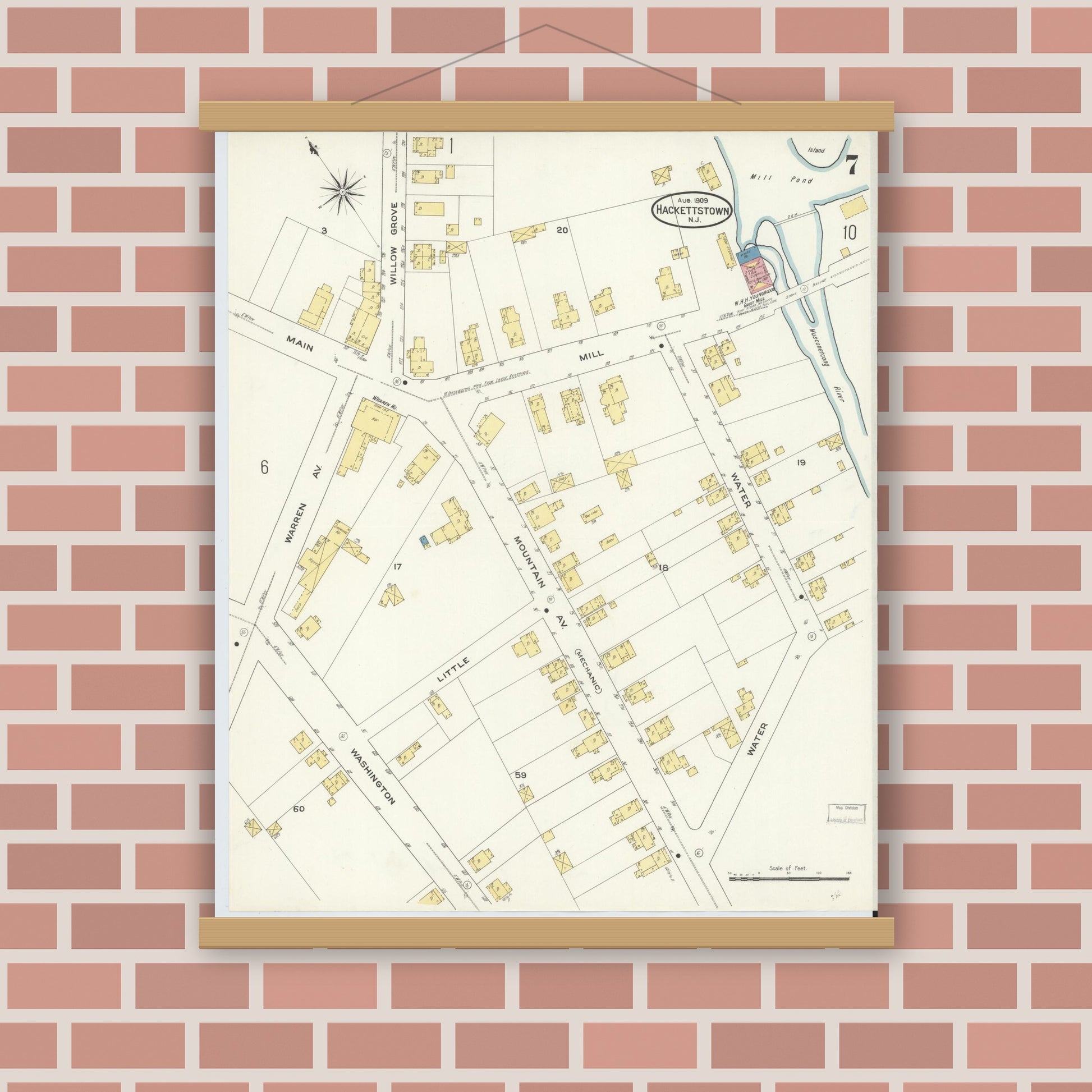 Old map wall art mockup — magnetic wood frame on brick wall — Sanborn Fire Insurance Map from Hackettstown, Warren County, New Jersey (1909), Sheet #0007