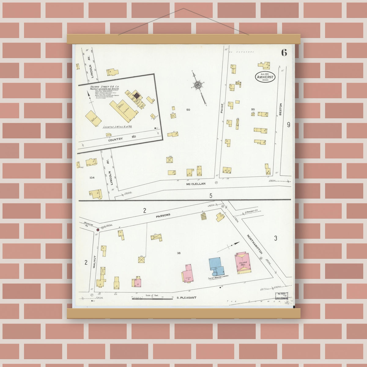 Old map wall art mockup — magnetic wood frame on brick wall — Sanborn Fire Insurance Map from Amherst, Hampshire County, Massachusetts (1910), Sheet #0006