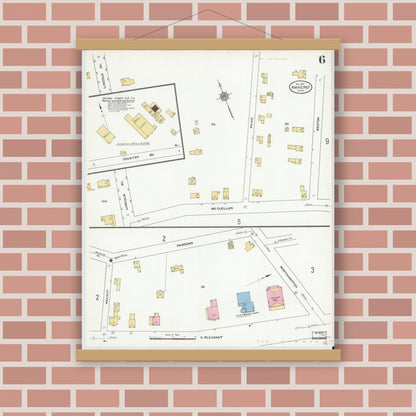 Old map wall art mockup — magnetic wood frame on brick wall — Sanborn Fire Insurance Map from Amherst, Hampshire County, Massachusetts (1910), Sheet #0006