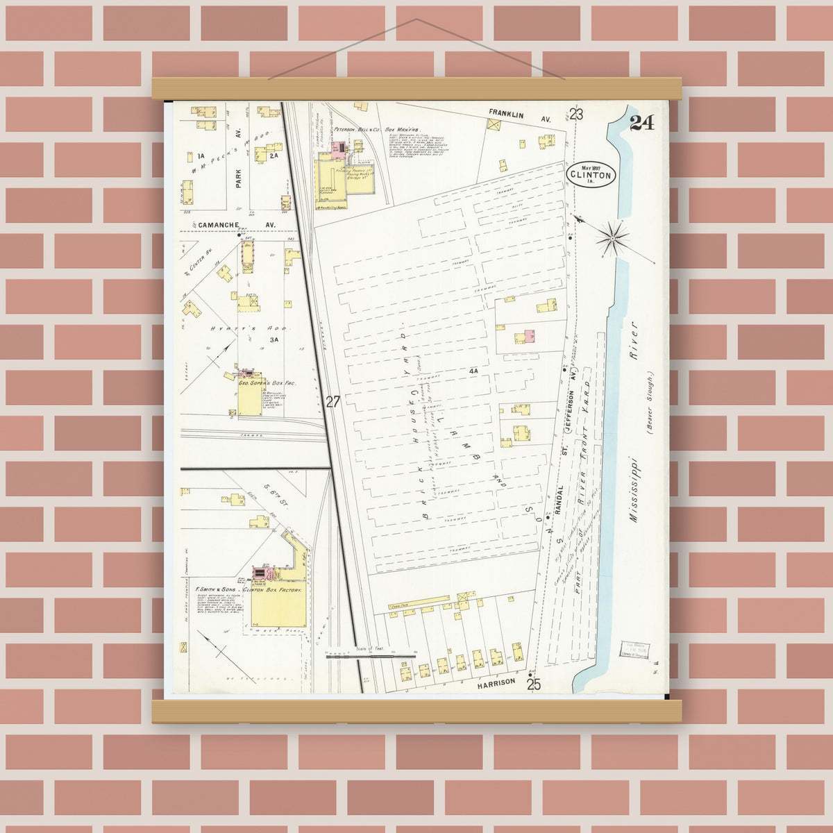 Old map wall art mockup — magnetic wood frame on brick wall — Sanborn Fire Insurance Map from Clinton, Clinton County, Iowa (1897), Sheet #0024