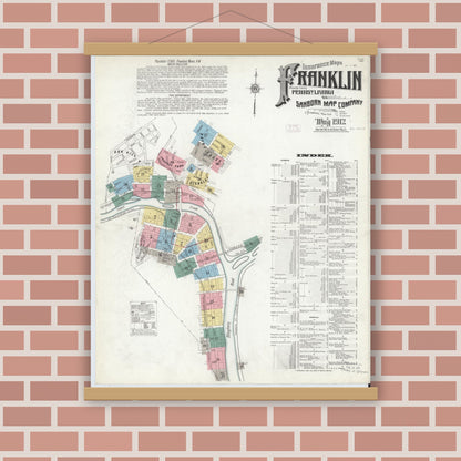 Old map wall art mockup — magnetic wood frame on brick wall — Sanborn Fire Insurance Map from Franklin, Venango County, Pennsylvania (1912) - Complete Map Set