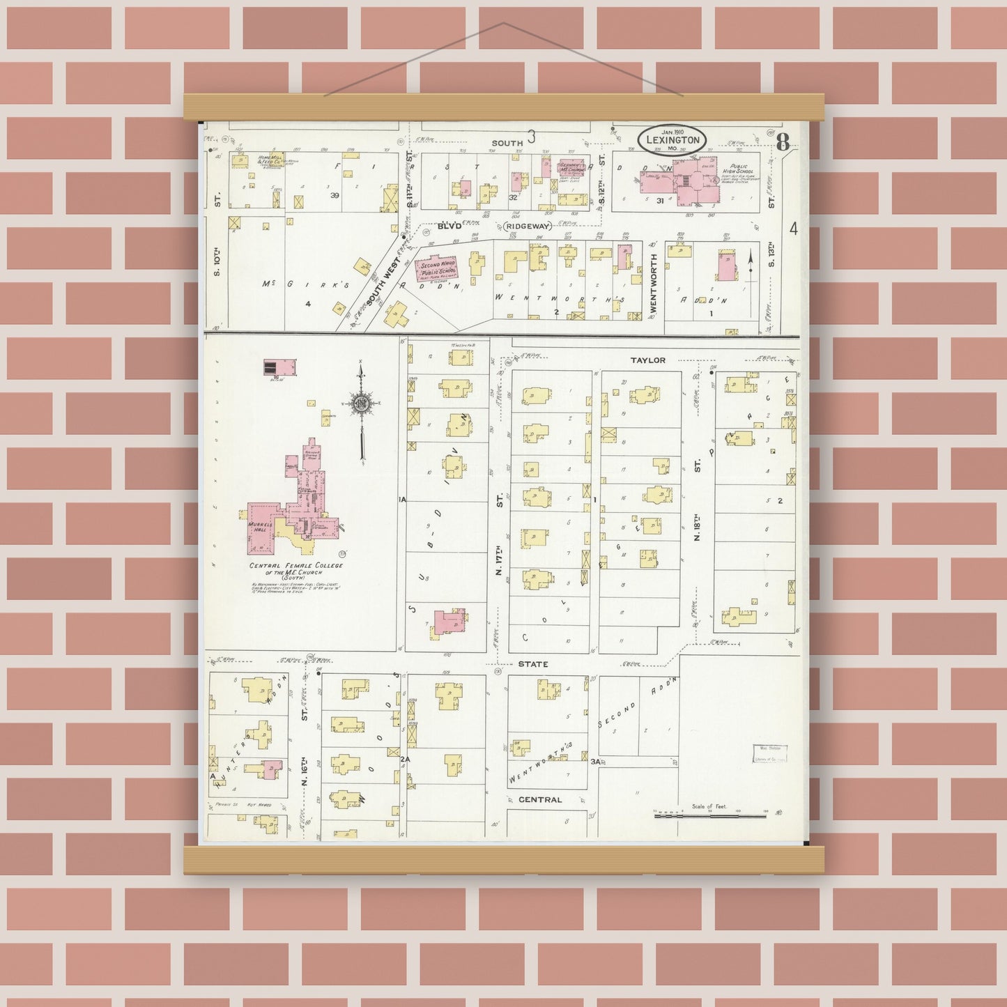 Old map wall art mockup — magnetic wood frame on brick wall — Sanborn Fire Insurance Map from Lexington, Lafayette County, Missouri (1910), Sheet #0008