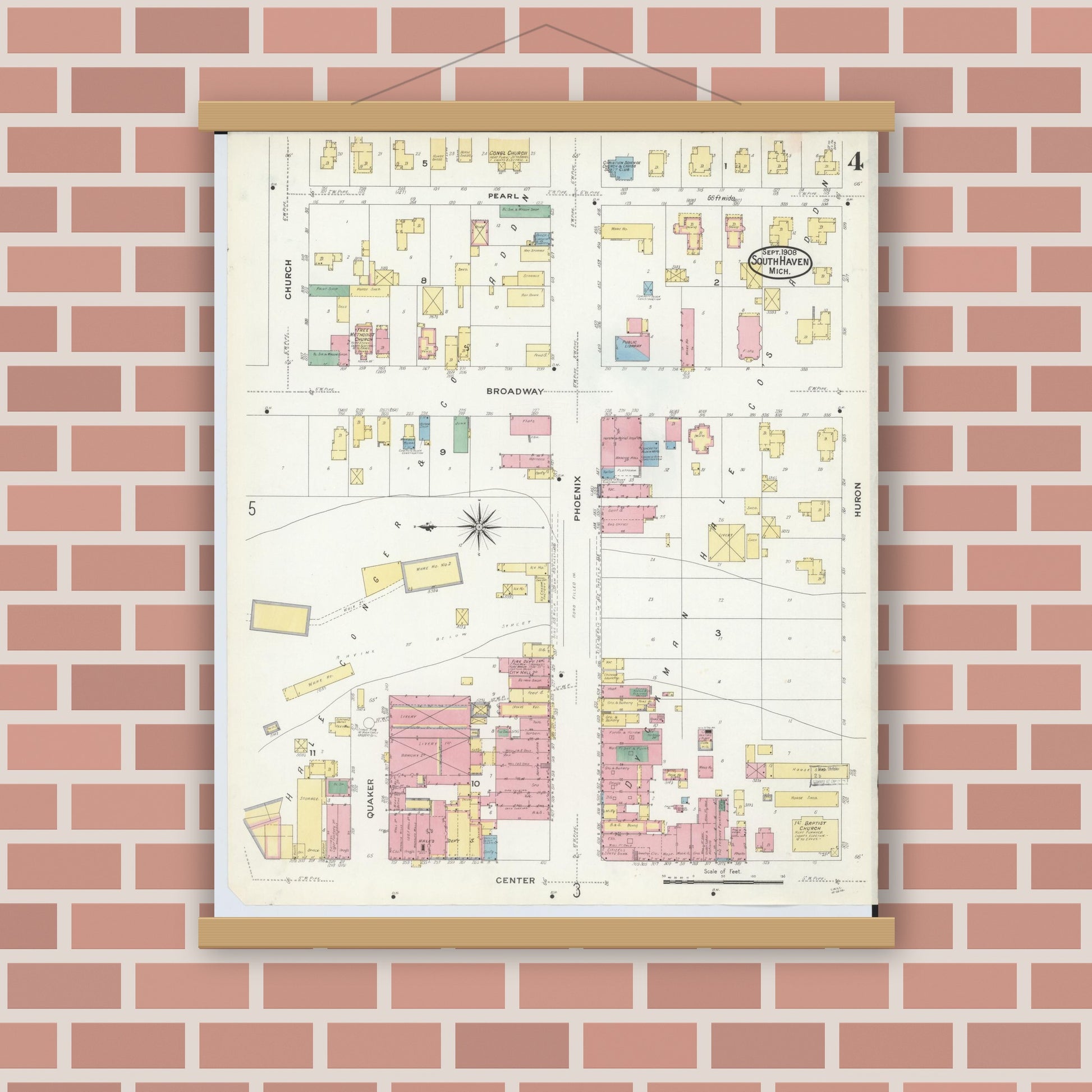 Old map wall art mockup — magnetic wood frame on brick wall — Sanborn Fire Insurance Map from South Haven, Van Buren County, Michigan (1908), Sheet #0004