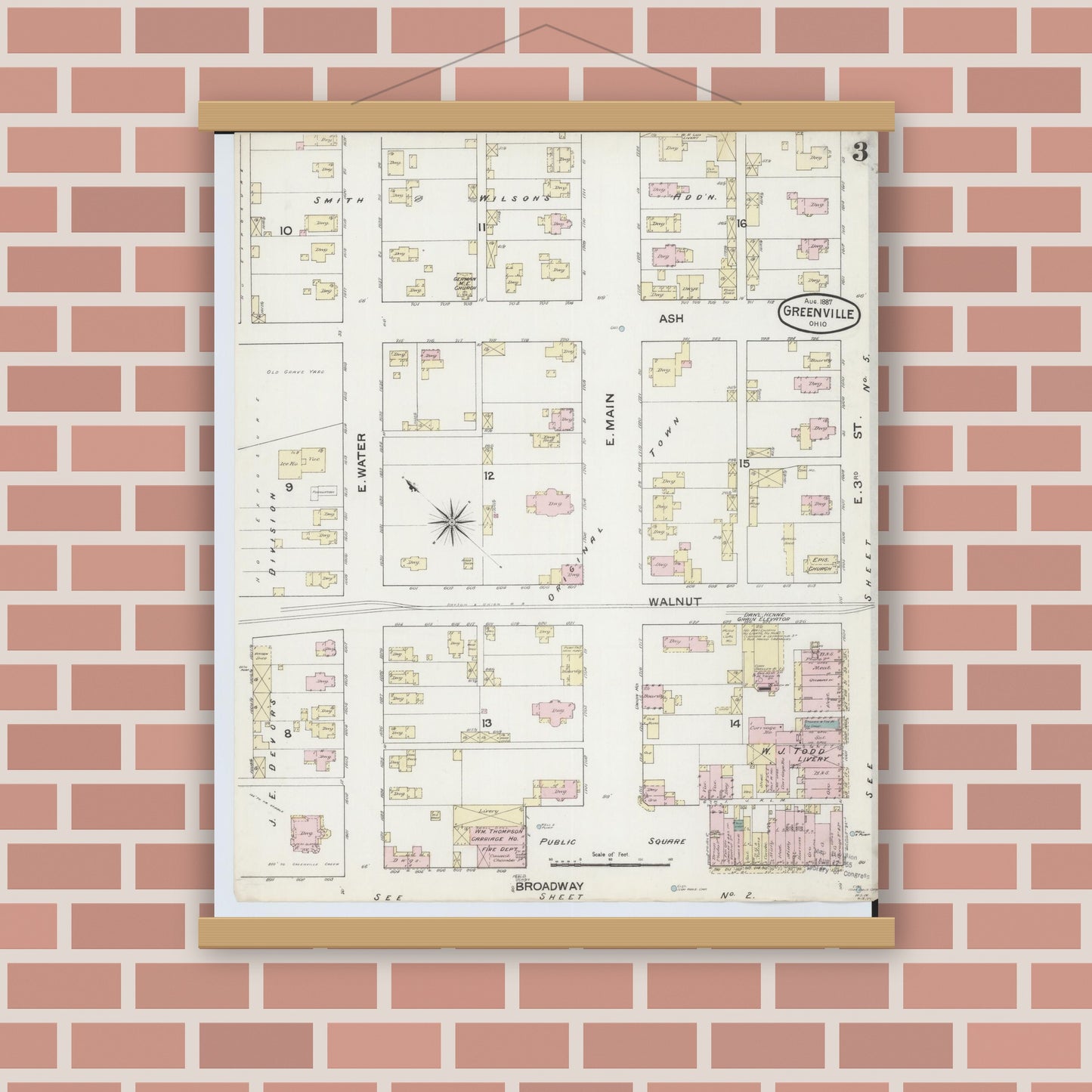 Old map wall art mockup — magnetic wood frame on brick wall — Sanborn Fire Insurance Map from Greenville, Darke County, Ohio (1887), Sheet #0003