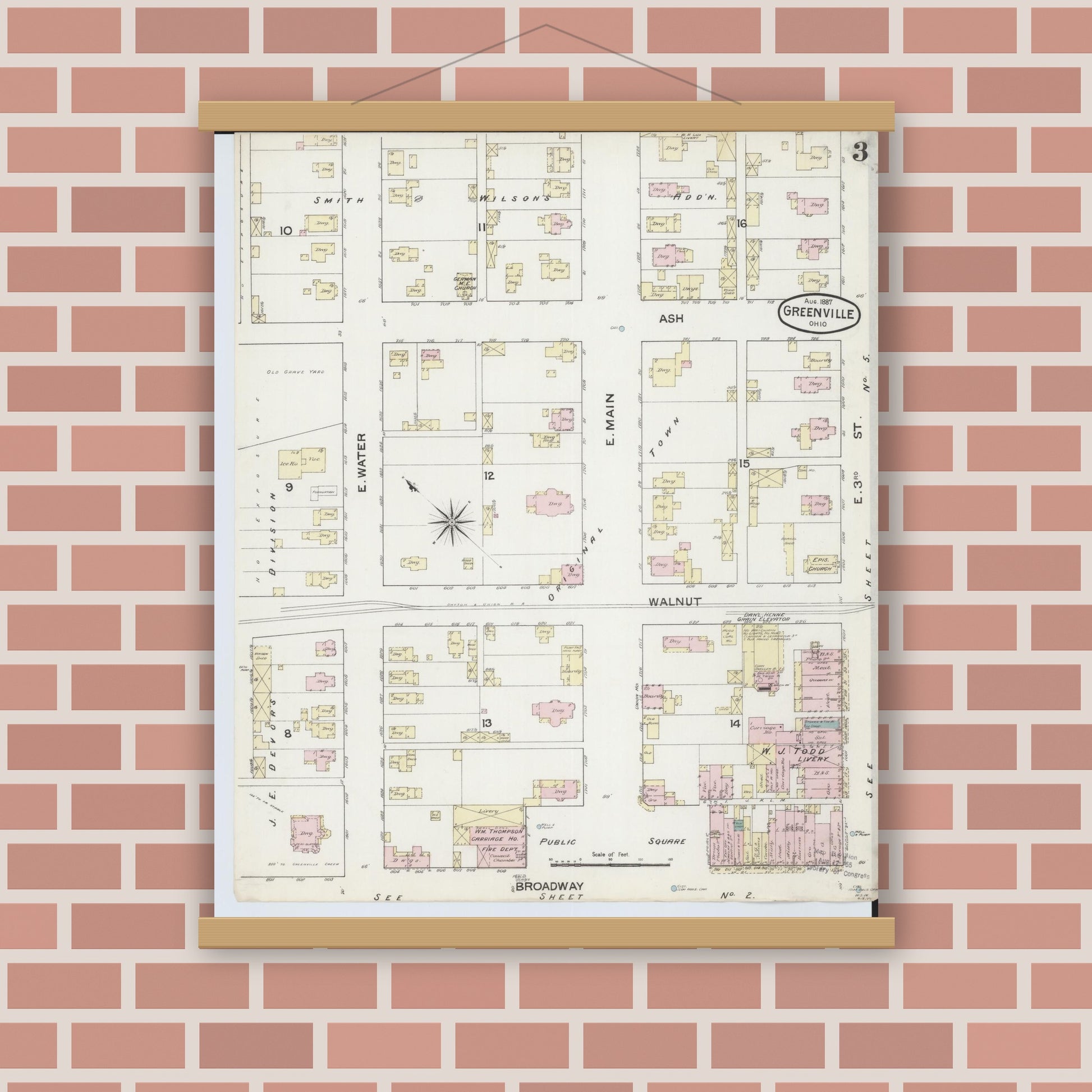 Old map wall art mockup — magnetic wood frame on brick wall — Sanborn Fire Insurance Map from Greenville, Darke County, Ohio (1887), Sheet #0003
