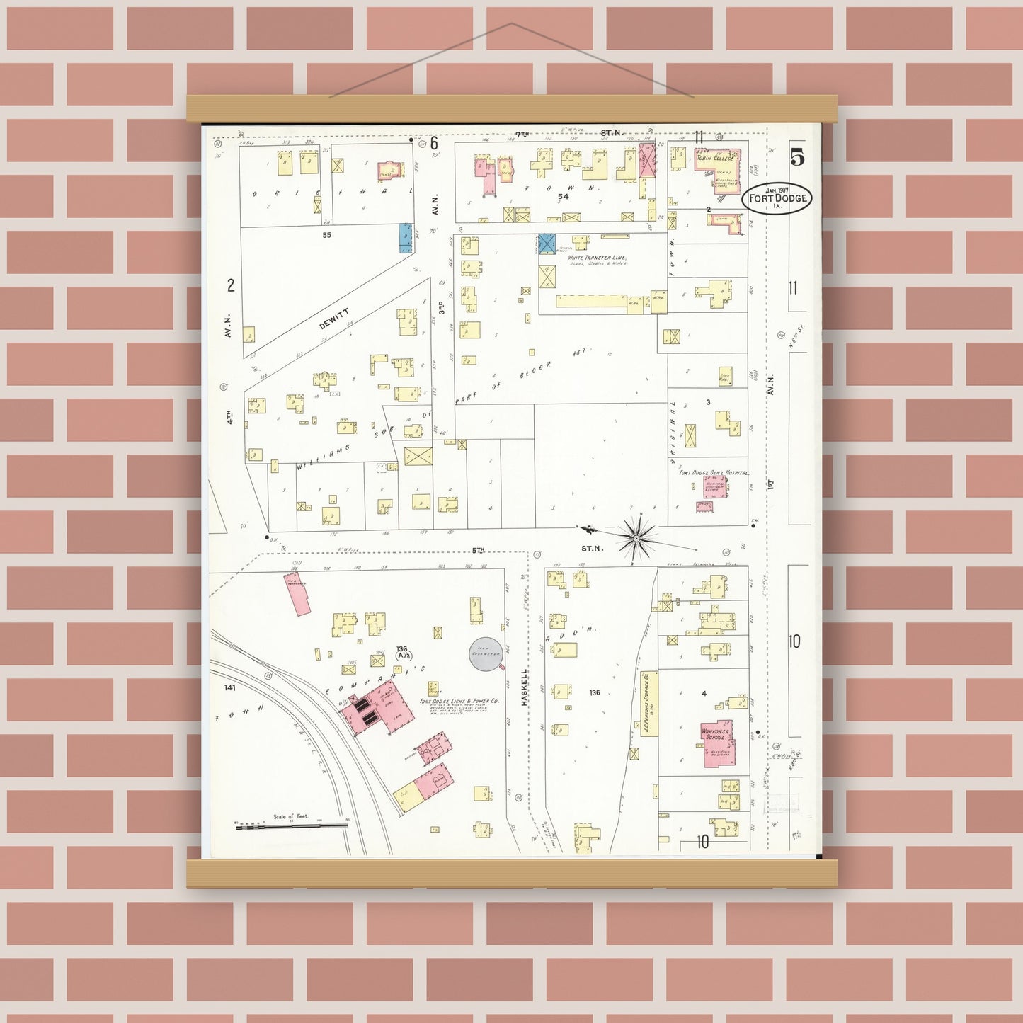 Old map wall art mockup — magnetic wood frame on brick wall — Sanborn Fire Insurance Map from Fort Dodge, Webster County, Iowa (1907), Sheet #0005