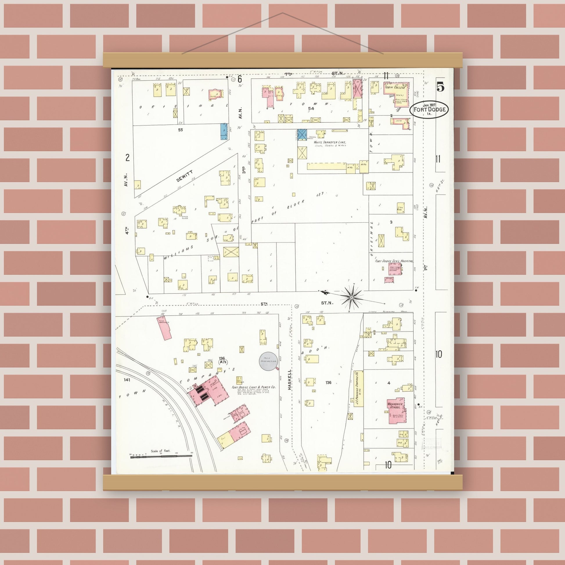 Old map wall art mockup — magnetic wood frame on brick wall — Sanborn Fire Insurance Map from Fort Dodge, Webster County, Iowa (1907), Sheet #0005