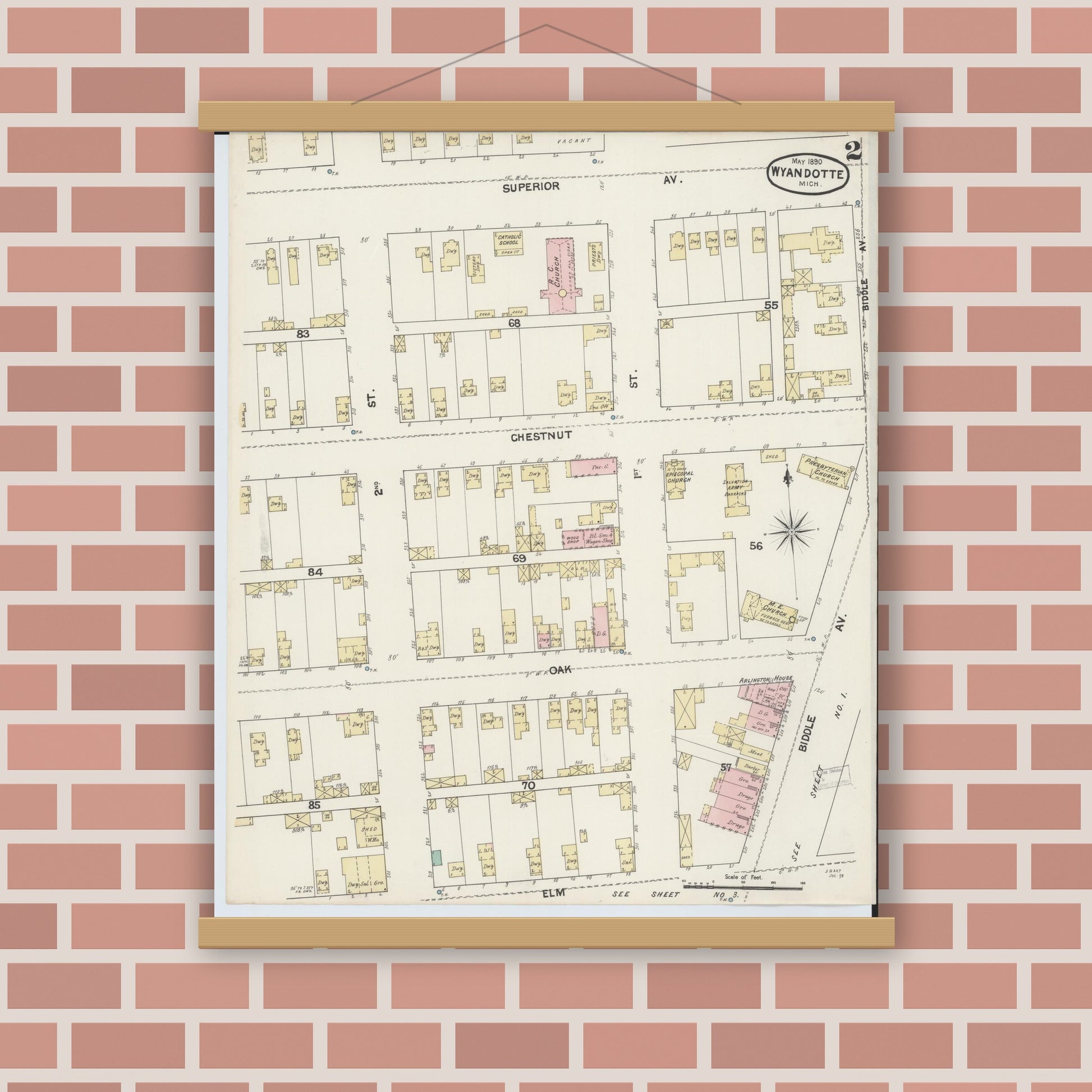 Old map wall art mockup — magnetic wood frame on brick wall — Sanborn Fire Insurance Map from Wyandotte, Wayne County, Michigan (1890), Sheet #0002