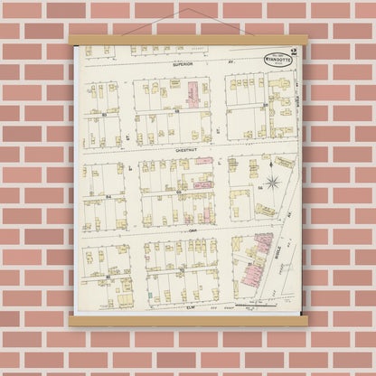 Old map wall art mockup — magnetic wood frame on brick wall — Sanborn Fire Insurance Map from Wyandotte, Wayne County, Michigan (1890), Sheet #0002