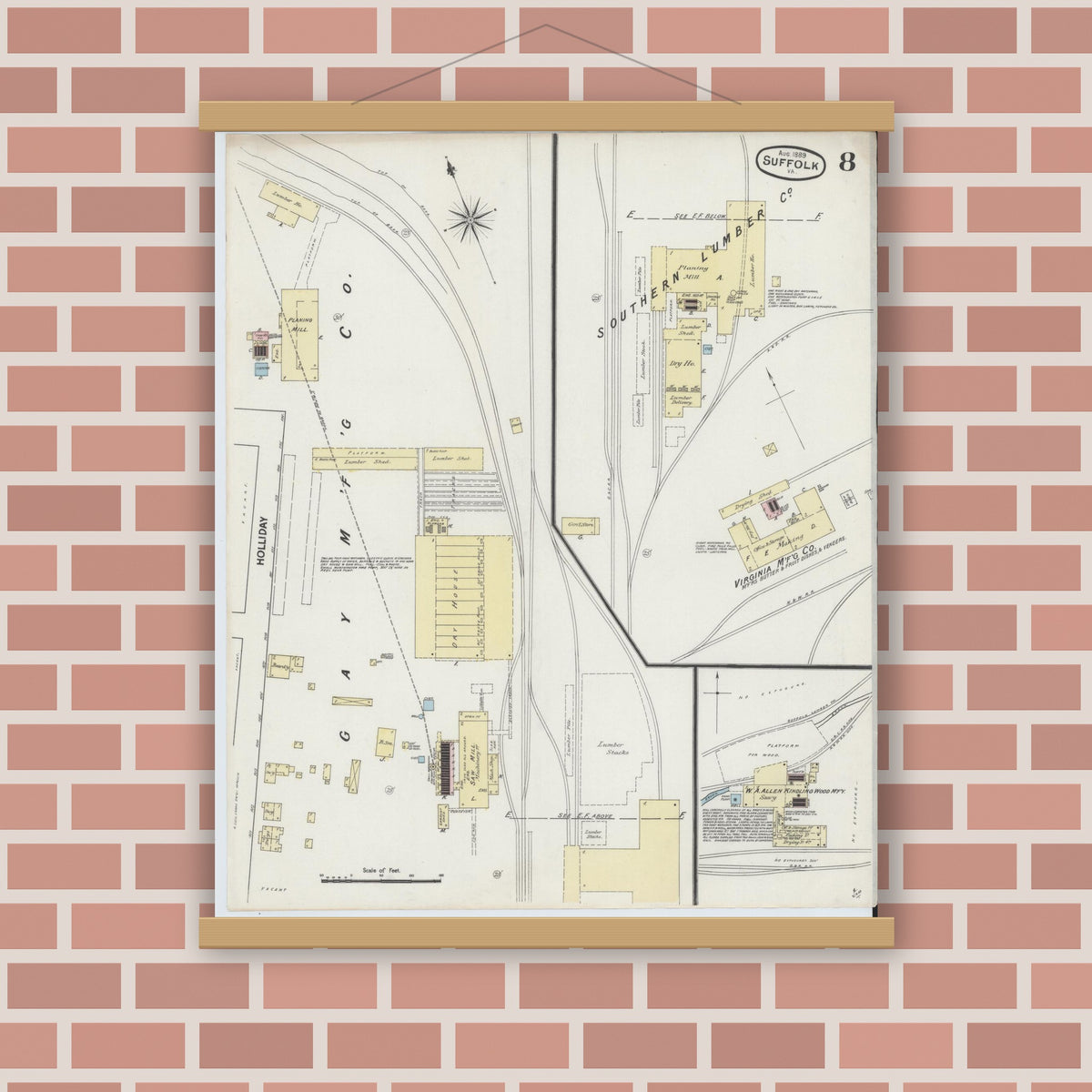 Old map wall art mockup — magnetic wood frame on brick wall — Sanborn Fire Insurance Map from Suffolk, Independent Cities, Virginia (1889), Sheet #0008
